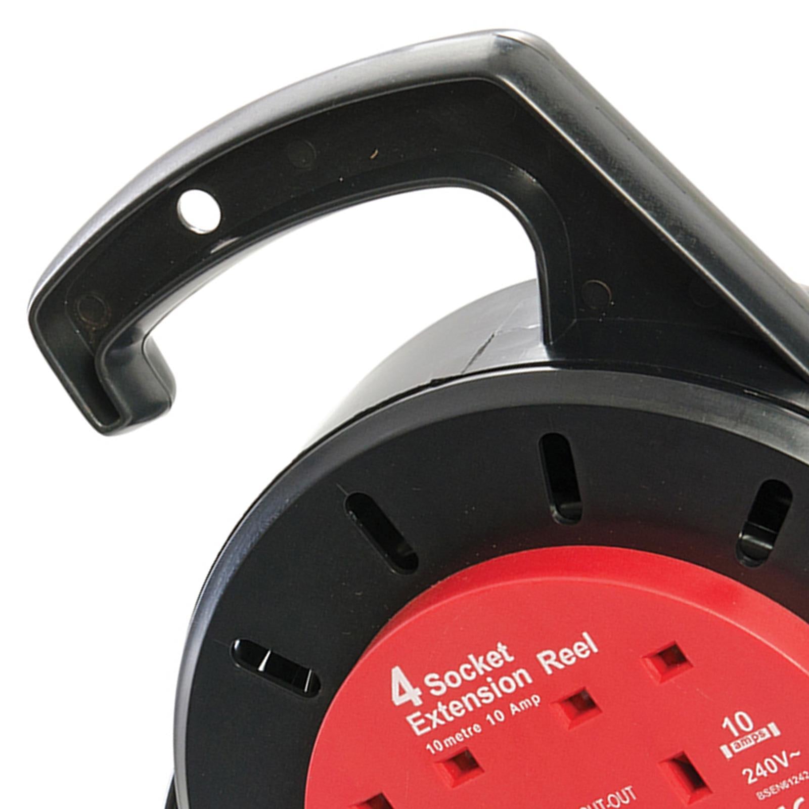 Cable Reel 240V 4 Socket 10A 10M Tools Extension Lead Cable Rewind Handle