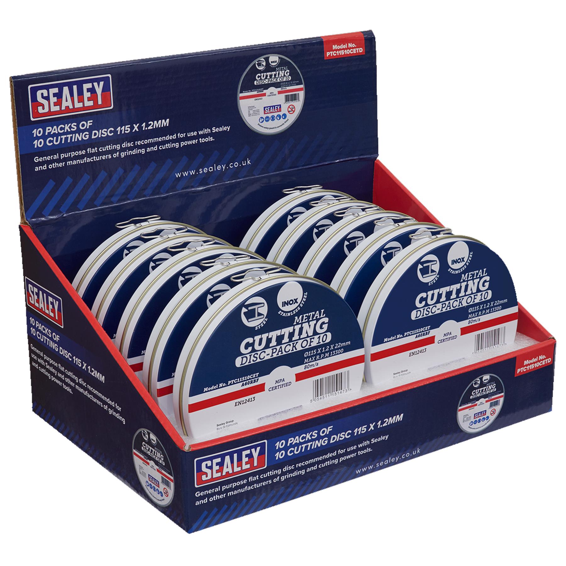 Sealey Cutting Disc 115 x 1.2mm Display Box 10 Packs of 10