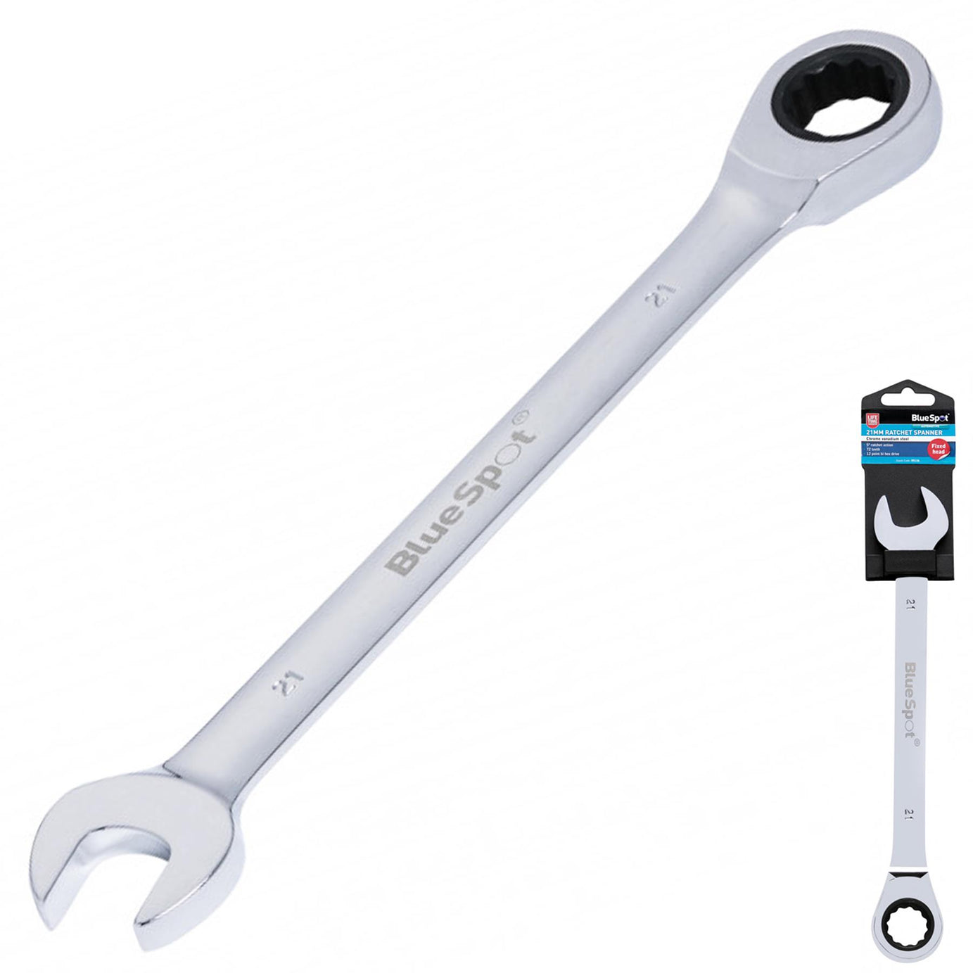 BlueSpot 21mm Fixed Head Ratchet Spanner Metric Chrome Vanadium 72 Teeth