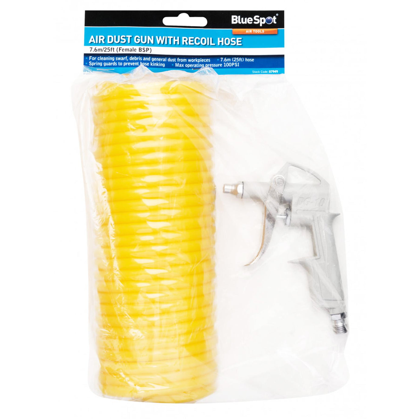 BlueSpot Air Dust Gun Nylon Coiled Air Hose Line 7.6m 25ft 1/4" BSP Female 200PSI Dust Clean