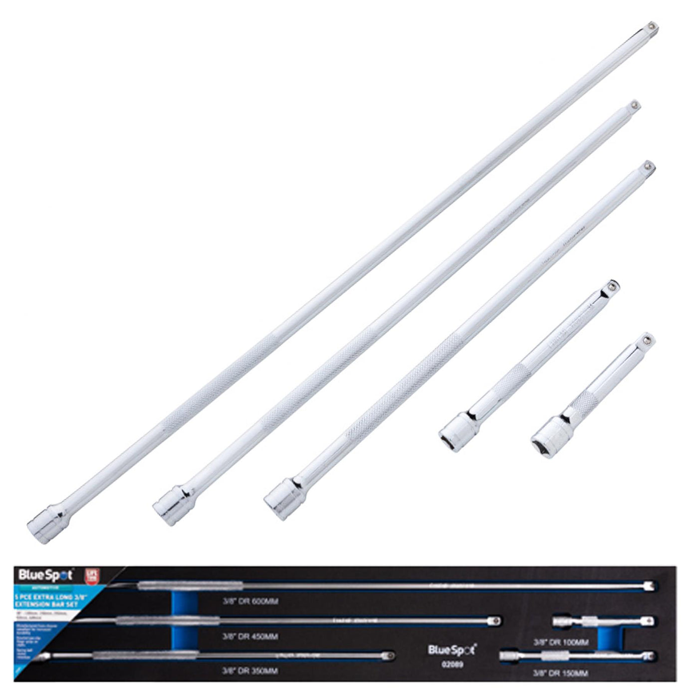 BlueSpot 5pc 3/8" dr Extra Long Extension Bar Set 100, 150, 350, 450, 600mm