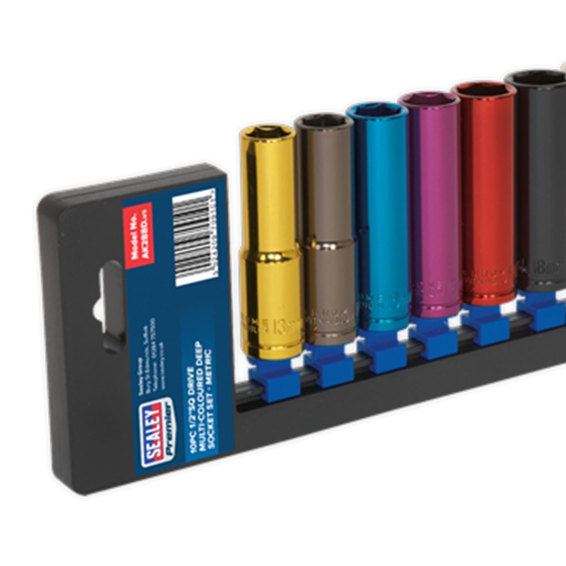 Sealey 10pc Multi Coloured Deep Socket Set 13-24mm 6pt Set 1/2" Sq Drive Metric