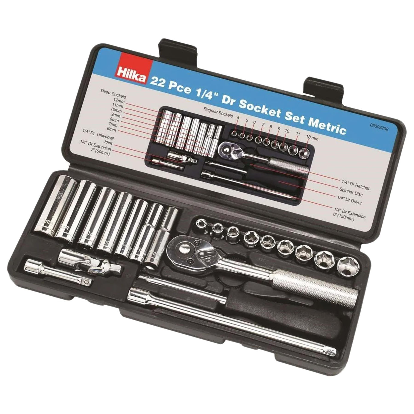 1/4" Drive Socket Set Metric 22 PC Kit Ratchet Deep Sockets Extensions - HILKA