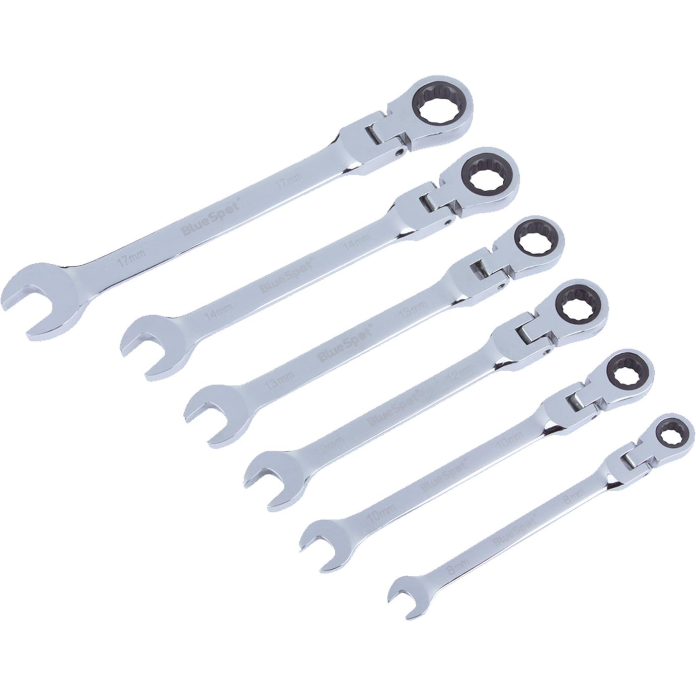 BlueSpot 6 Piece Ratchet Spanner Set Flexible Head Combination 8-17mm Open End Ring