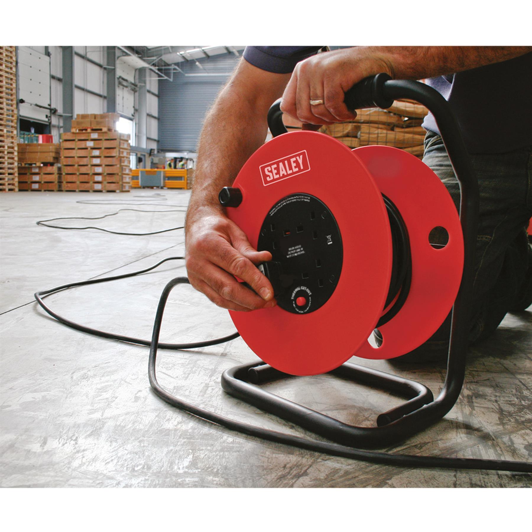 Sealey Cable Reel 50m 4 x 230V 2.5mm Heavy-Duty Thermal Trip