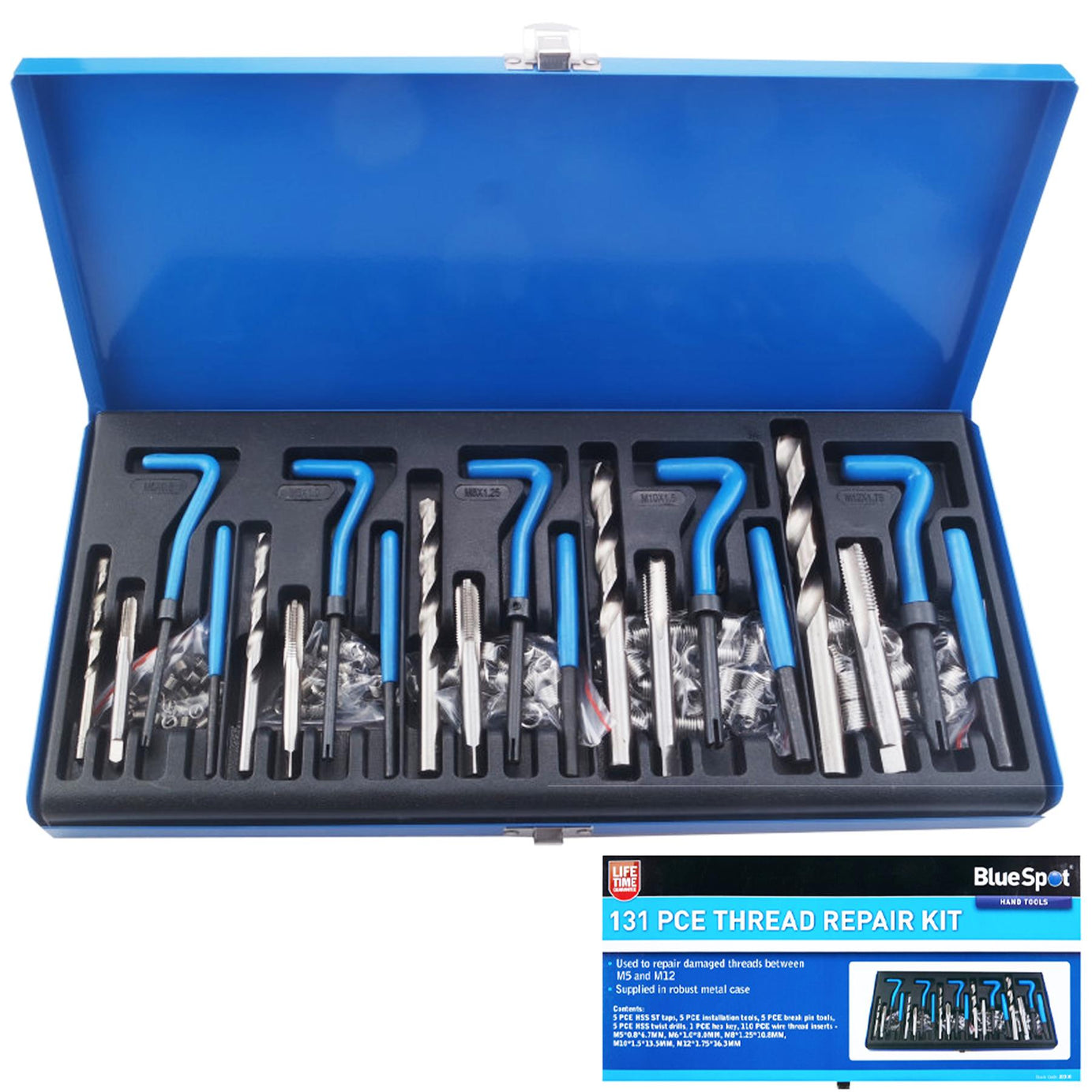 BlueSpot 131pc Helicoil Thread Repair Threaded Tool Twist Drill Bit Kit M5 - M12