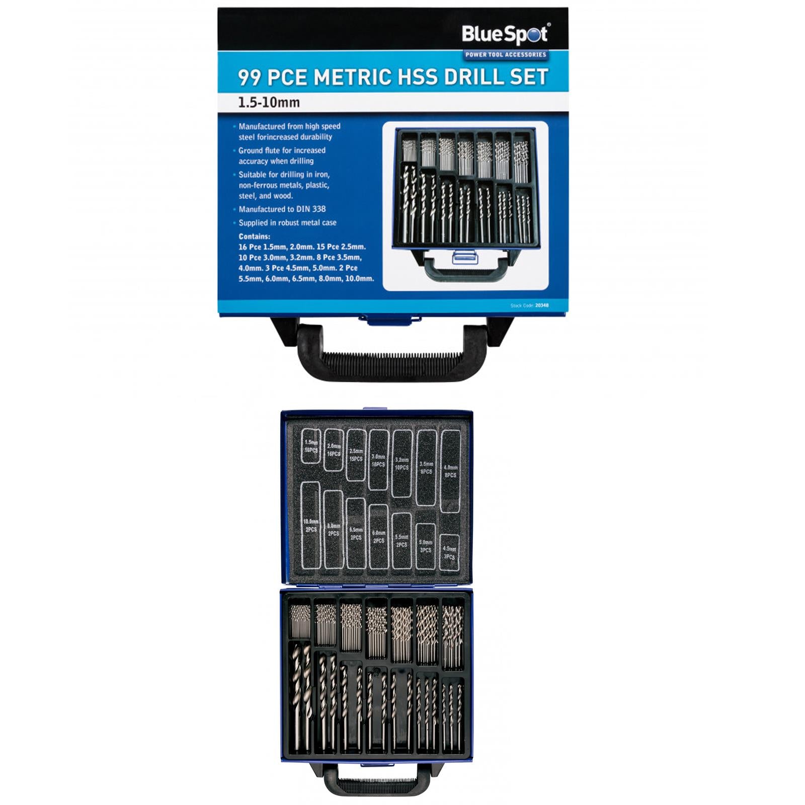 BlueSpot 99Pcs HSS Drill Bit Set Metric Sizes 1.5mm - 10mm Steel / Wood / Plastic Metal Case