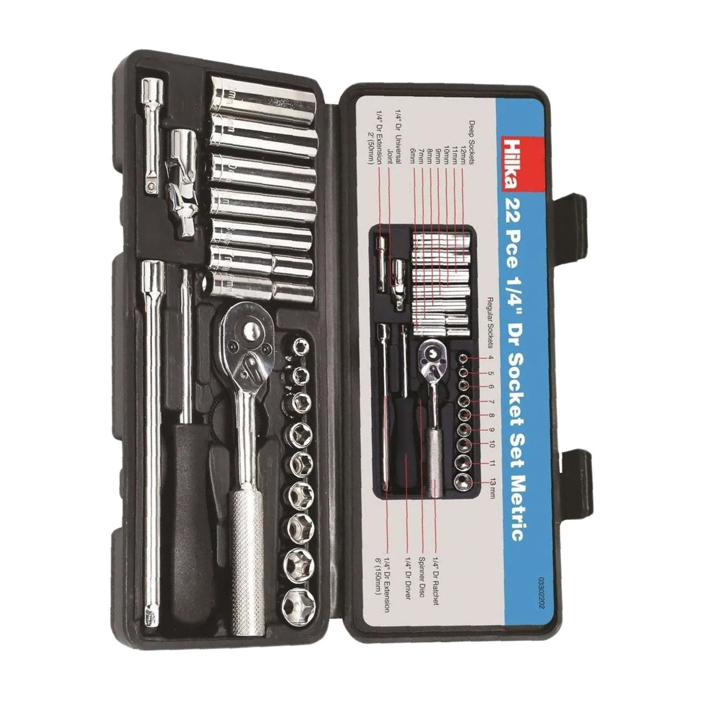 1/4" Drive Socket Set Metric 22 PC Kit Ratchet Deep Sockets Extensions - HILKA