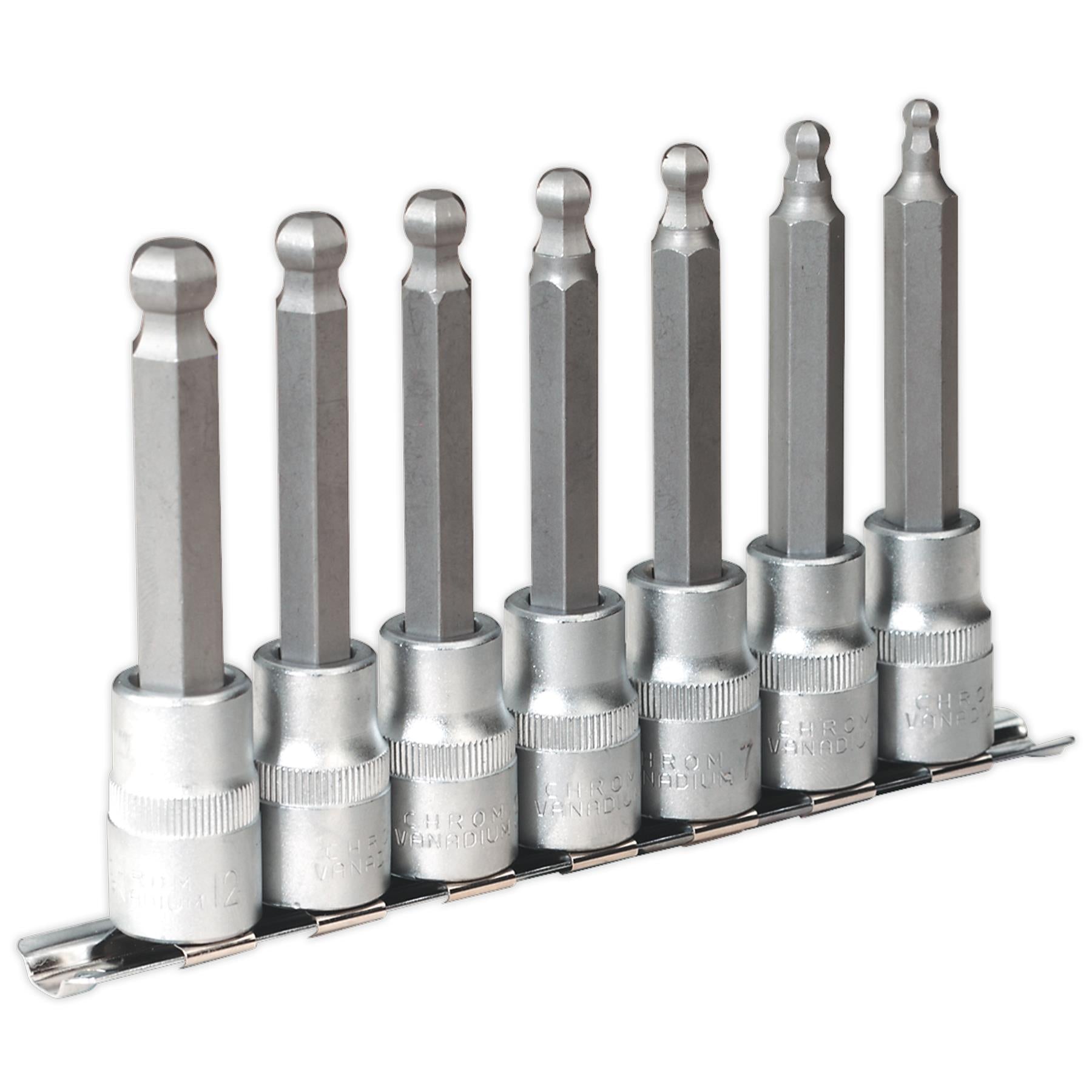 Sealey Ball-End HexSocket Bit Set 7pc 100mm 1/2"Sq Drive Metric