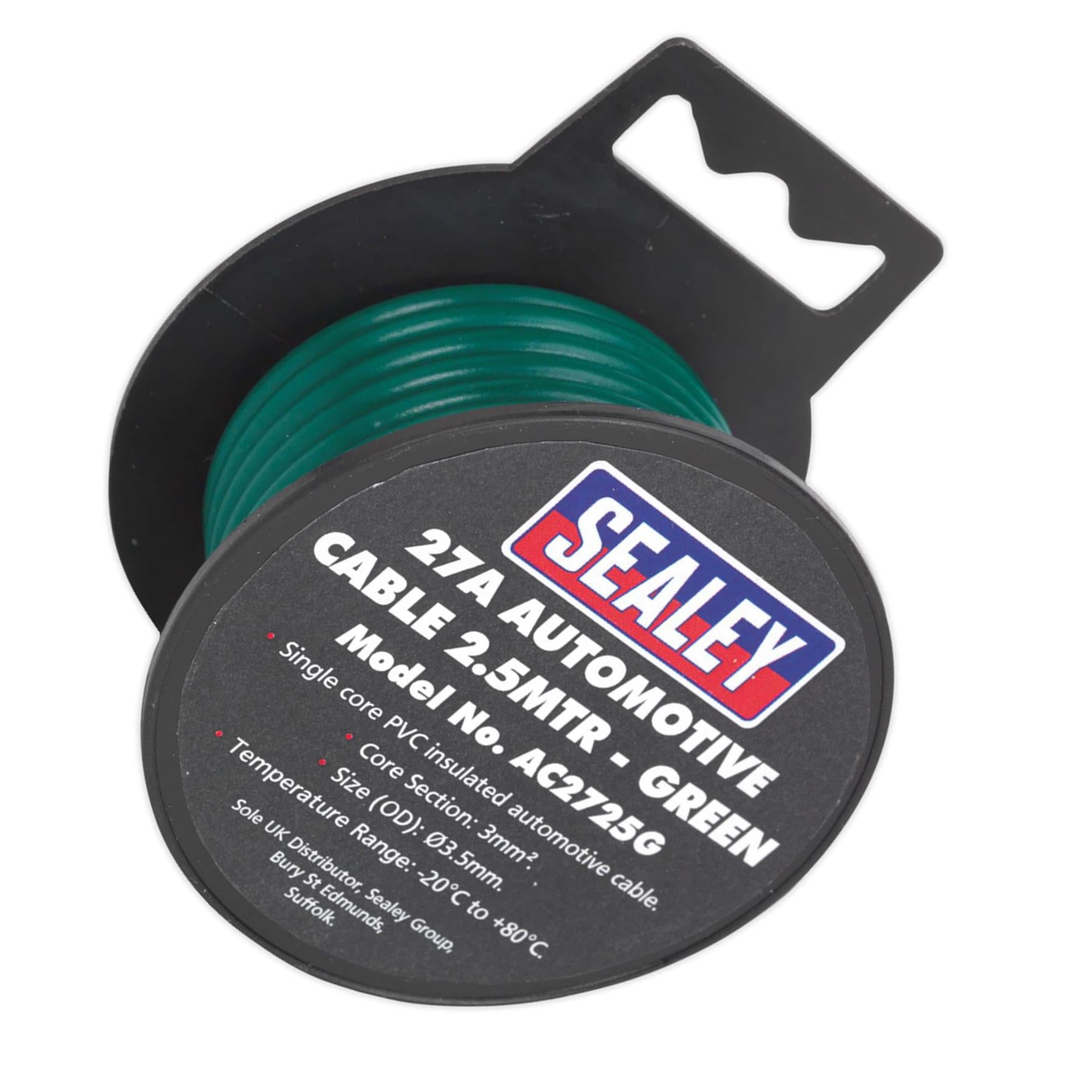 Sealey Automotive Thick Wall Electrical Auto Loom Car Cable 27A 2.5m Green