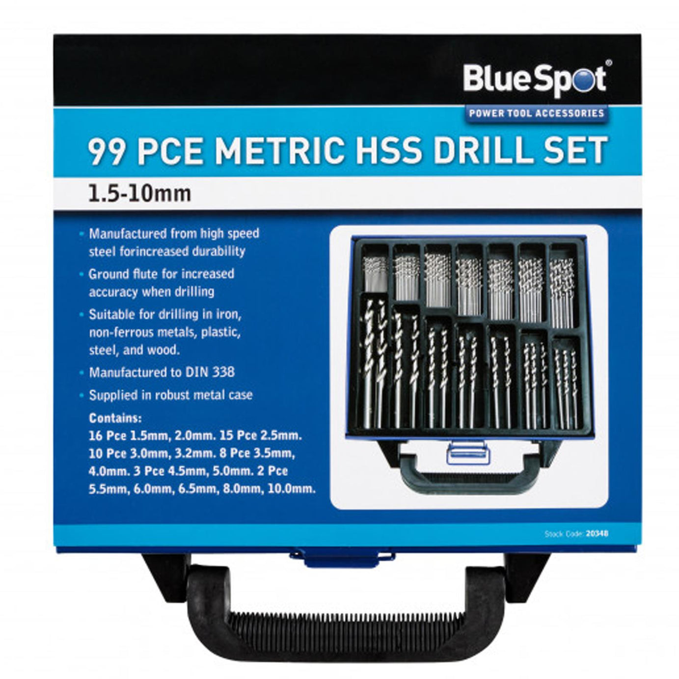 BlueSpot 99Pcs HSS Drill Bit Set Metric Sizes 1.5mm - 10mm Steel / Wood / Plastic Metal Case