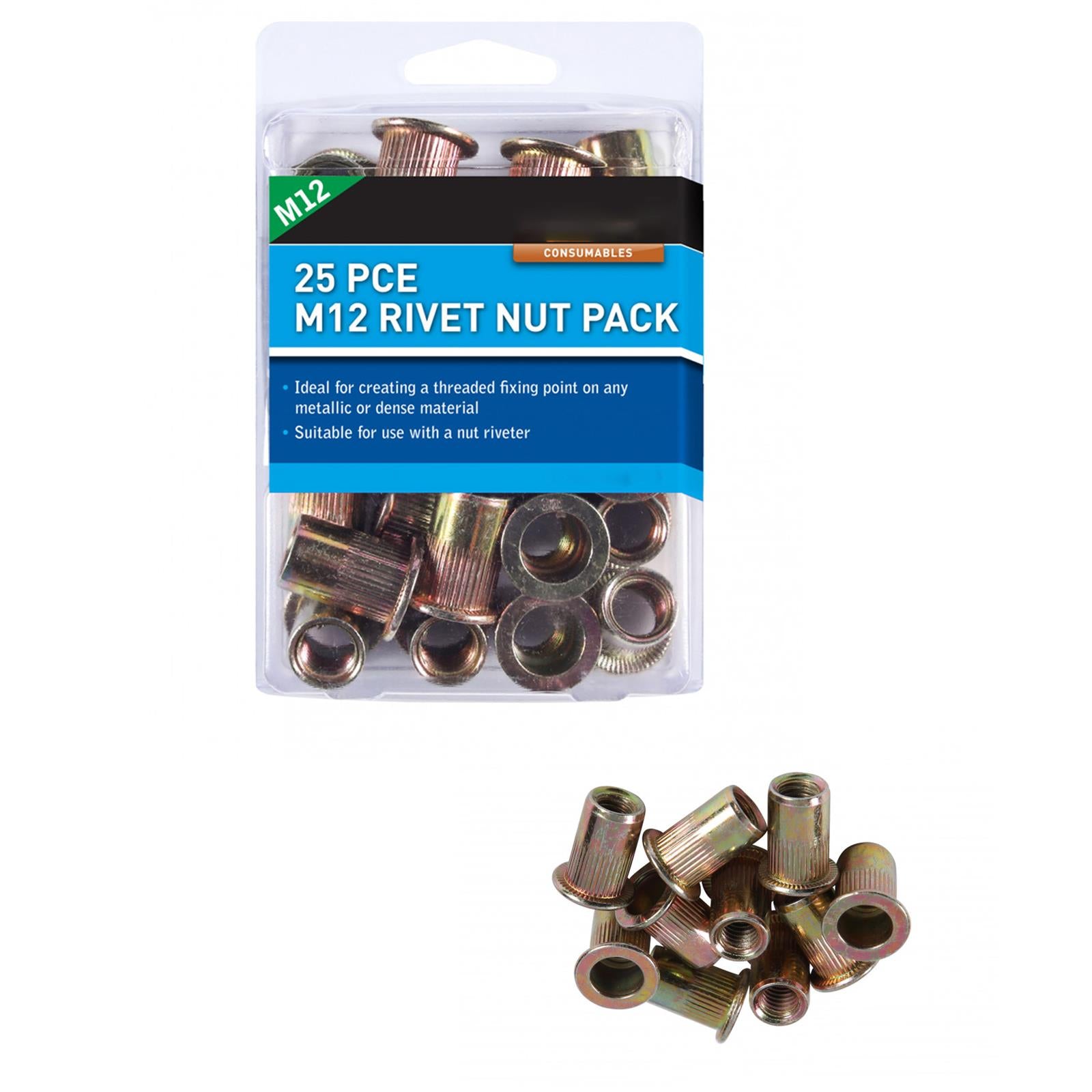 BlueSpot 25Pce High Quality M12 Rivet Nut Pack For Nut Riveter Use Metal Thread Fixing