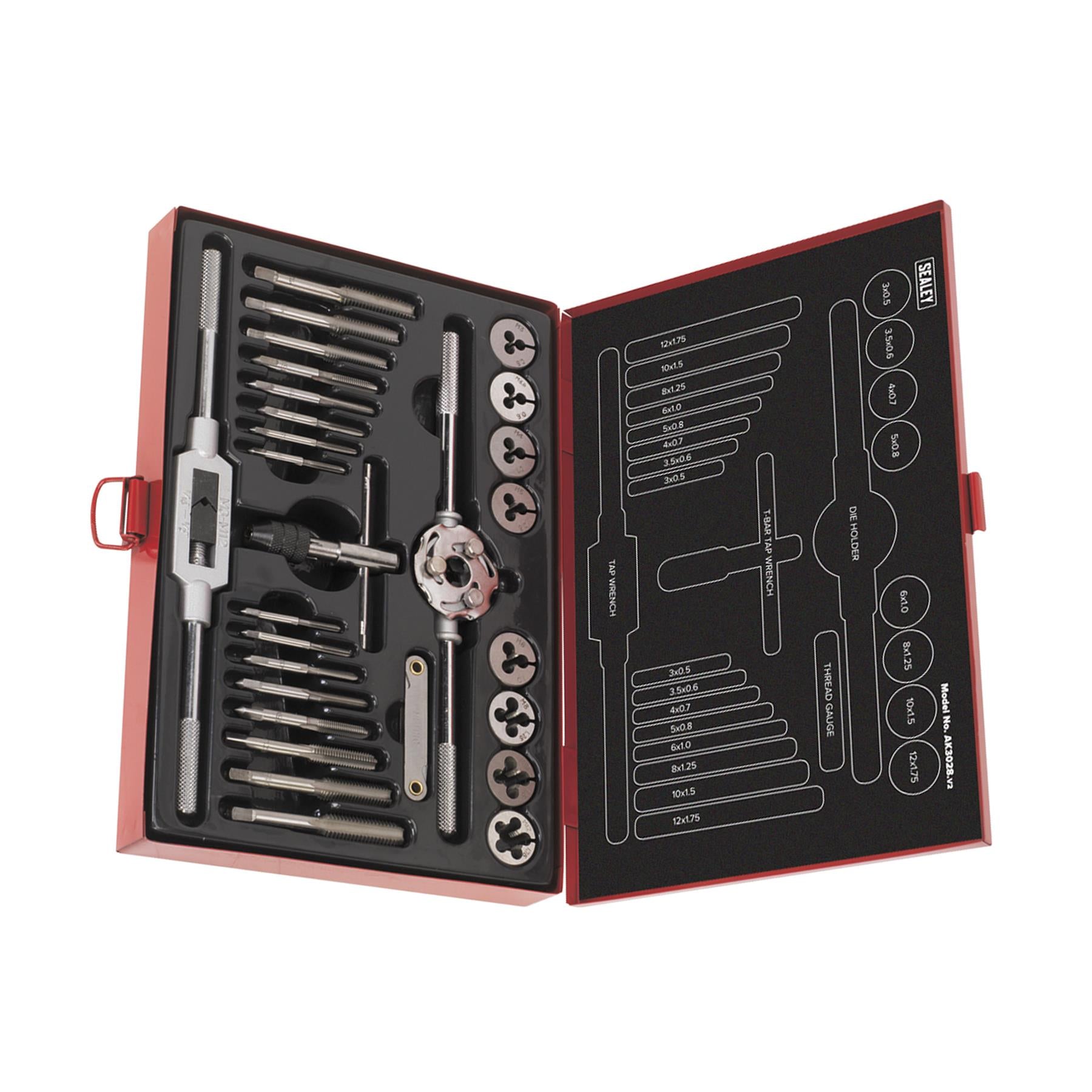 Sealey 28pc Tap and Die Set Split Dies Metric Thread Cutting Tool M3 - M12 Steel