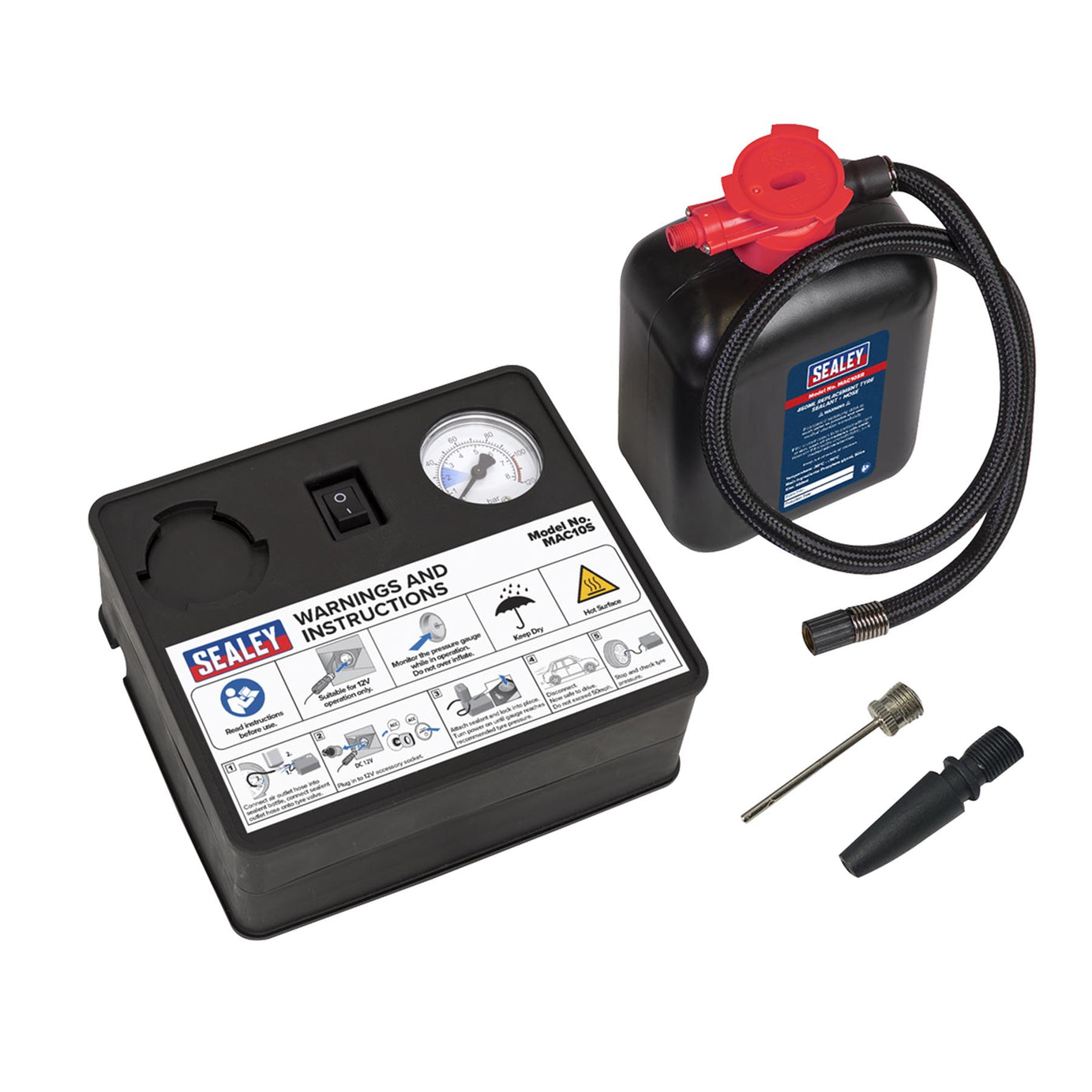 Sealey MAC10S 12V Tyre Inflator + Emergency Puncture Sealant Kit
