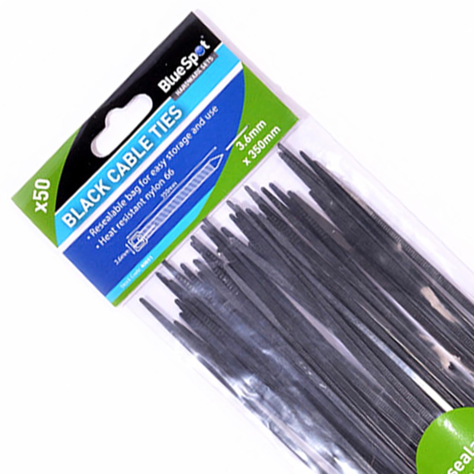 BlueSpot 50Pce 3.6mm x 350mm Black Cable Ties Heavy Duty Self Locking Home Office