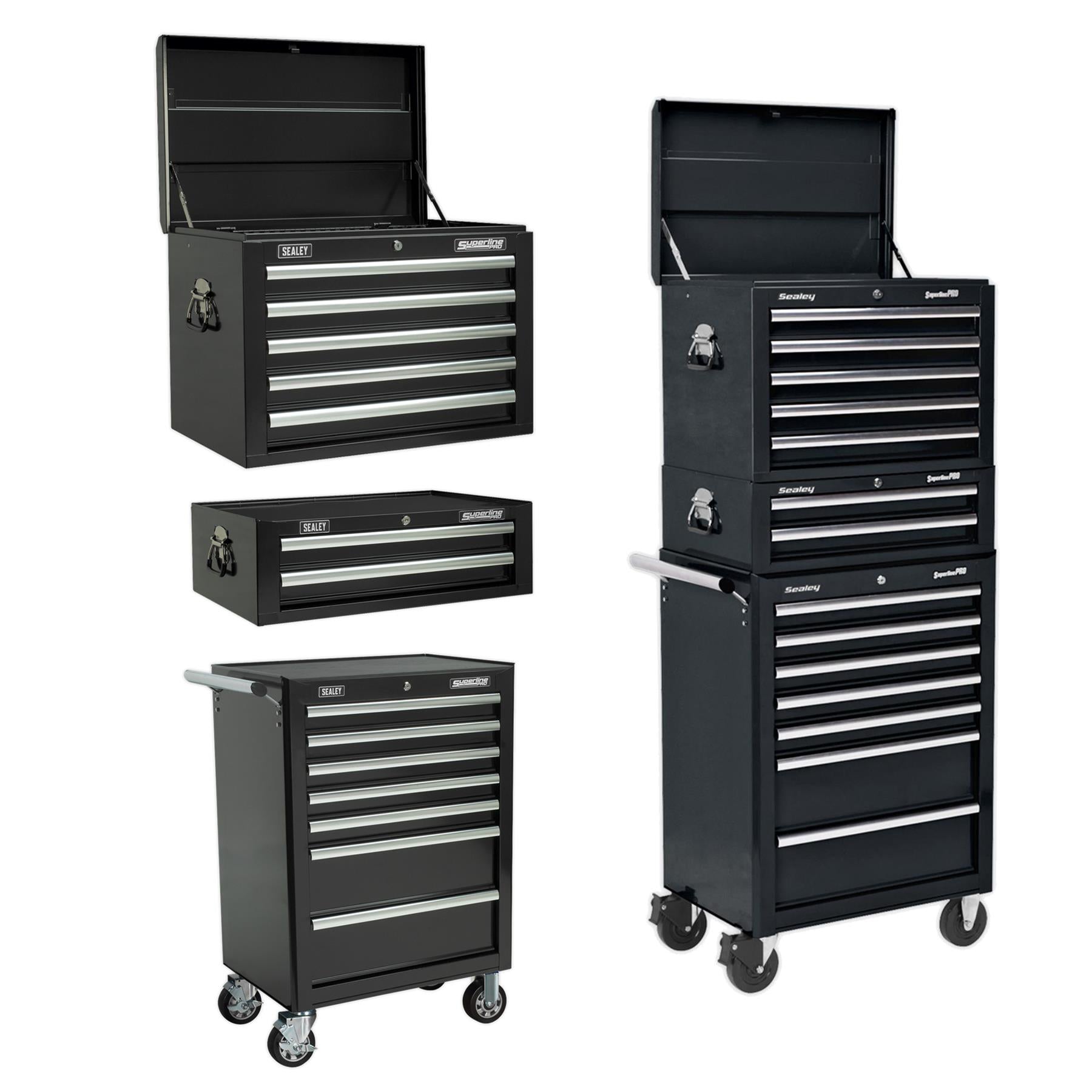 Sealey Topchest, Mid-Box & Rollcab Combination 14 Drawer - Black