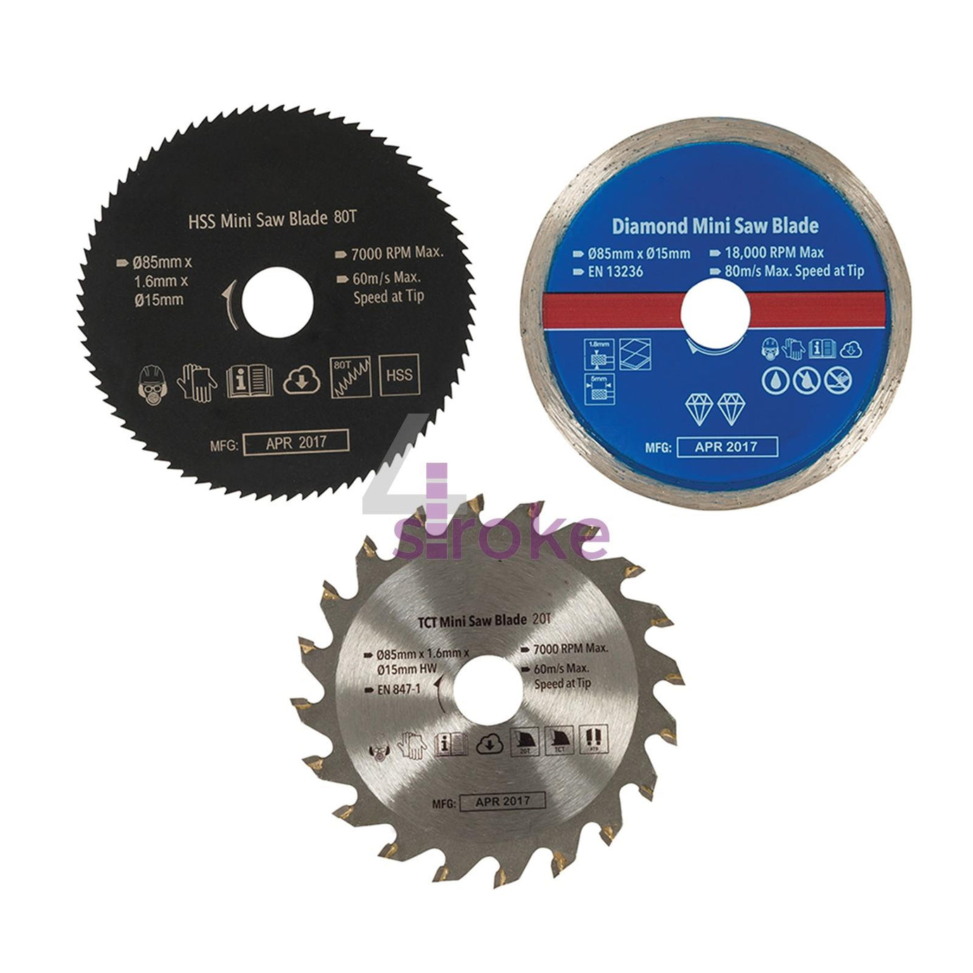 Mini Saw Blade Set Contains TCT Blade, HSS Blade & Continuous Rim Diamond Blade