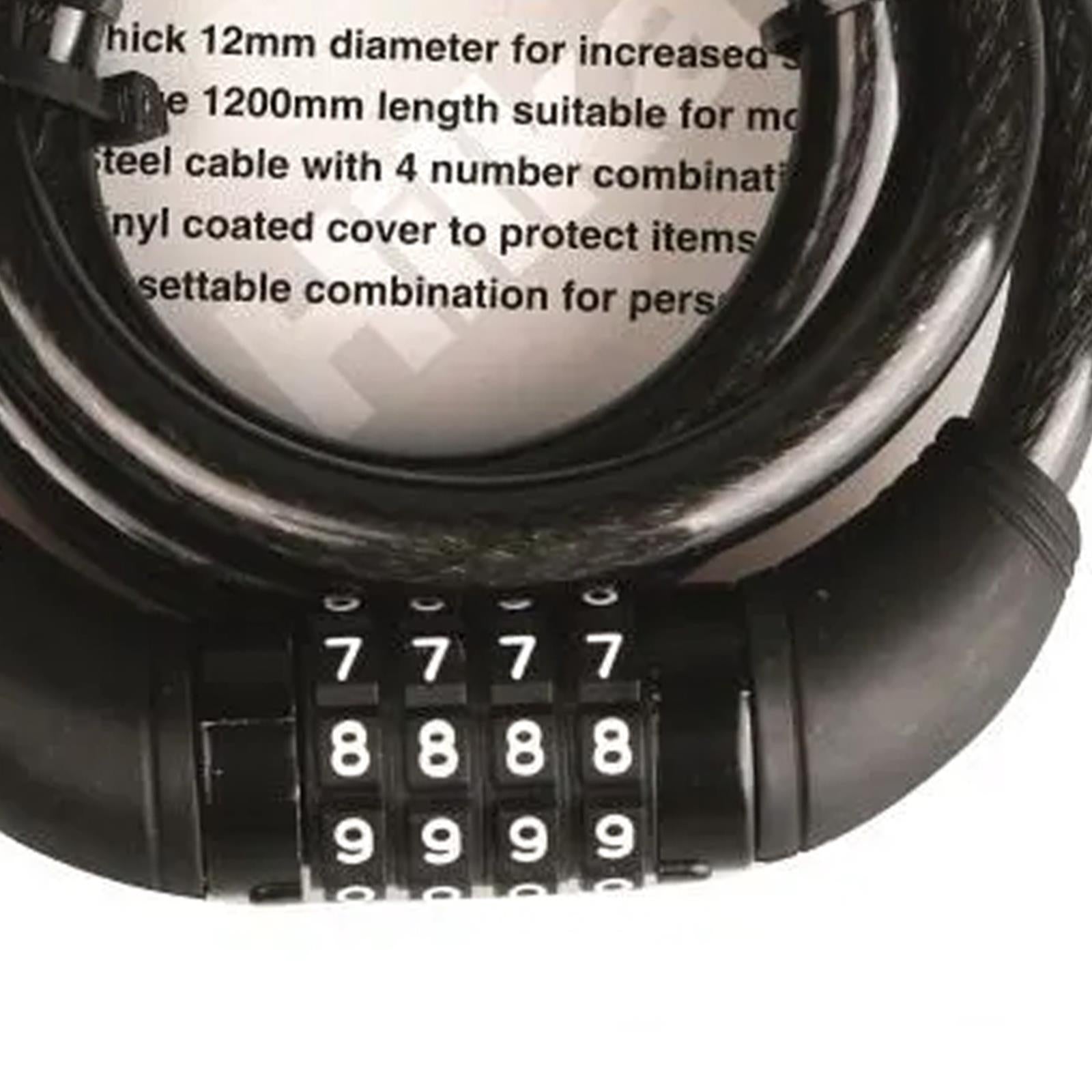 12mm x 1200mm Steel cable with 4 number combination Cable Lock