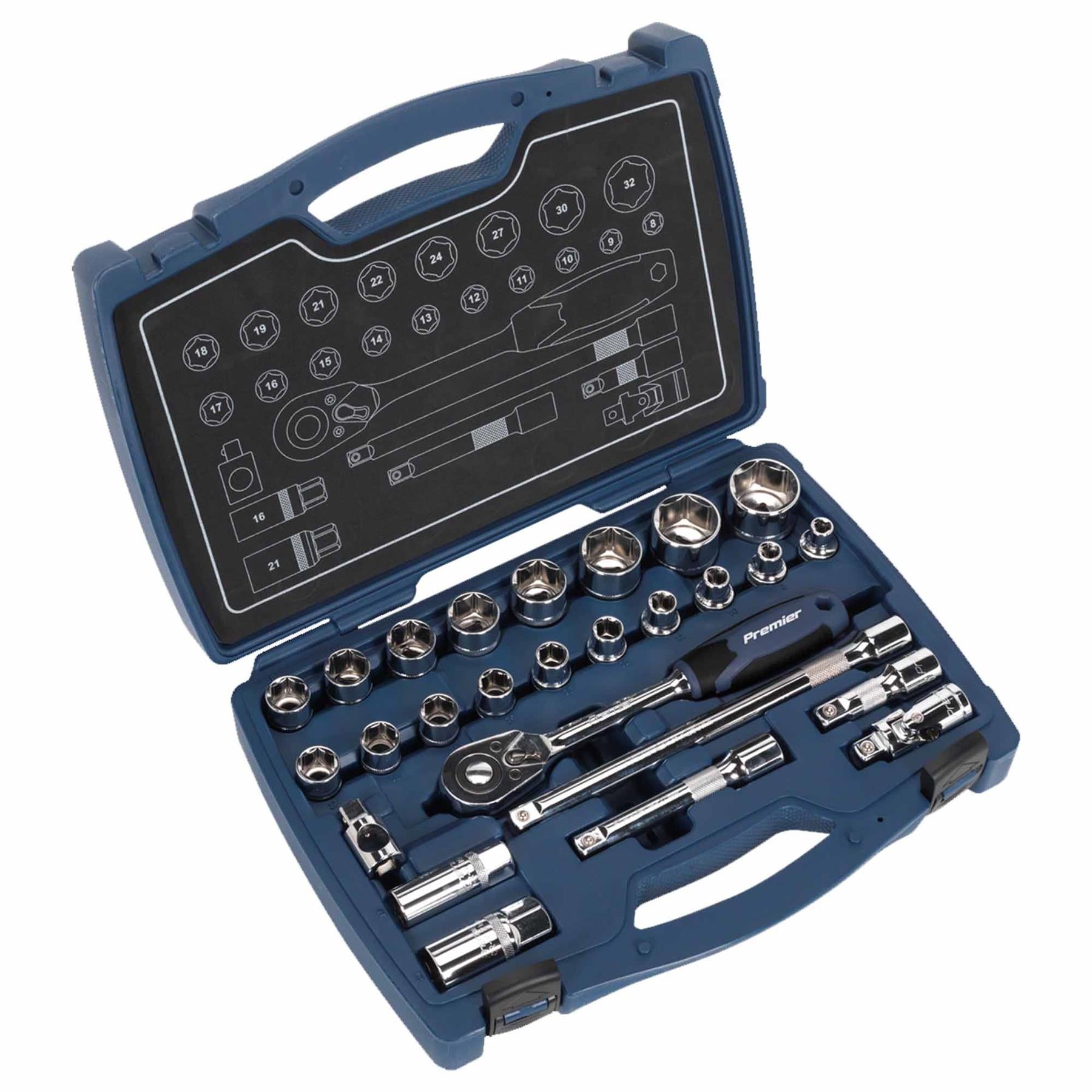 Sealey Socket Set 26pc 1/2"Sq Drive 6pt WallDrive Metric