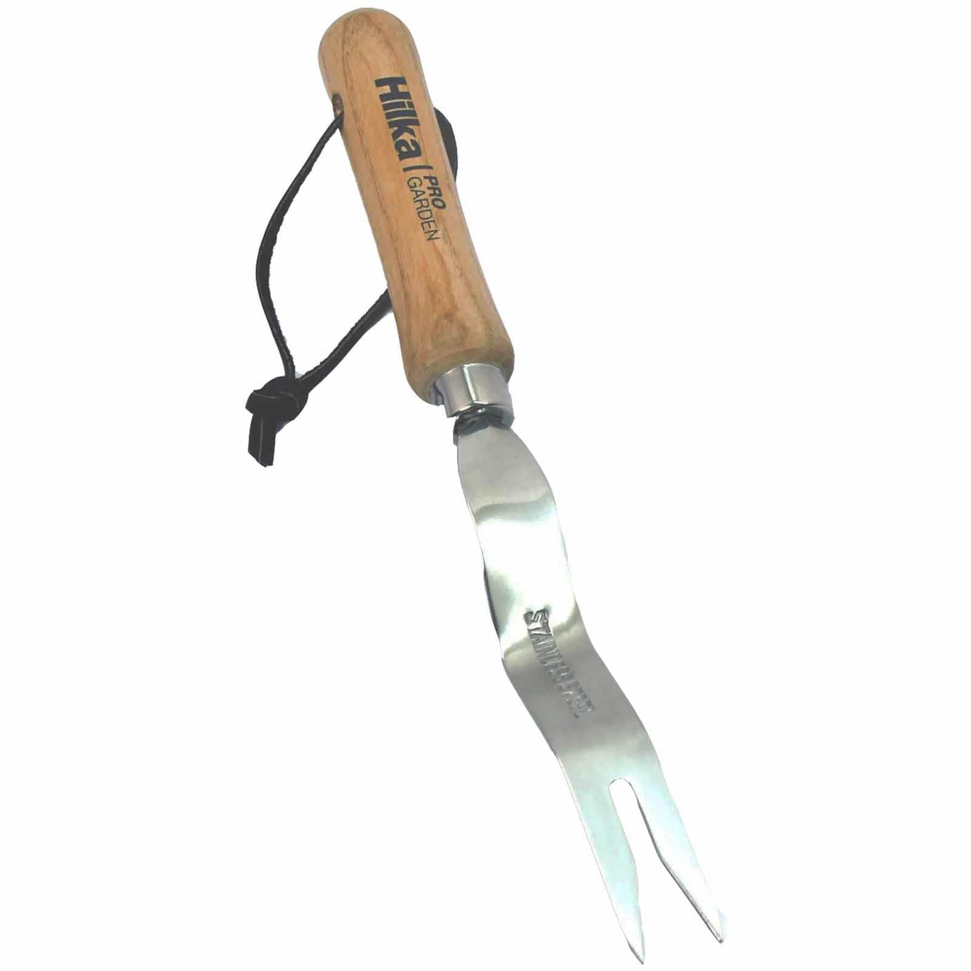 Stainless Steel Hand Weeder with a hardwood handle and leather strap