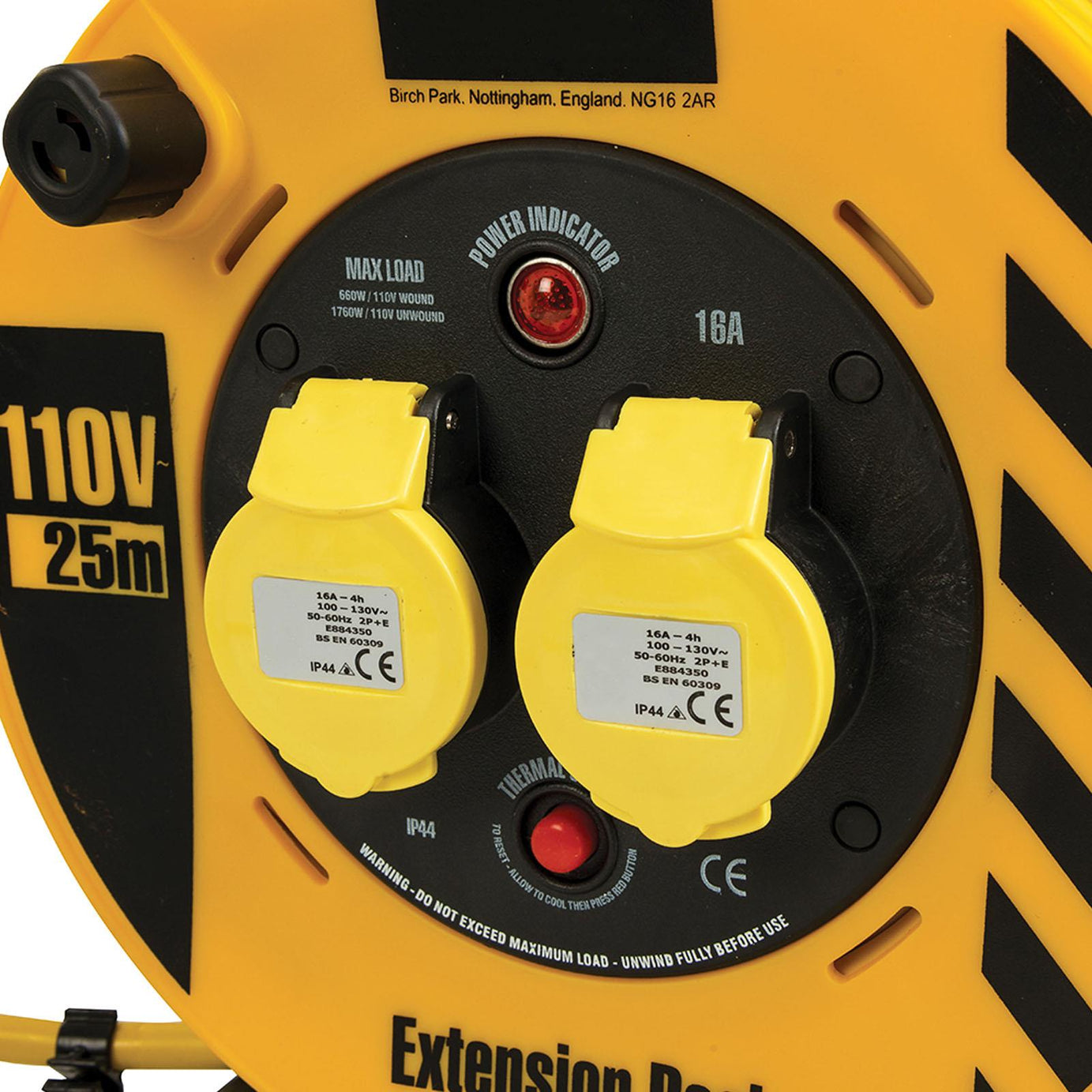 110V 16A Industrial Cable Reel 25m 2 Way Lightweight Strong Steel 3-Core Cable