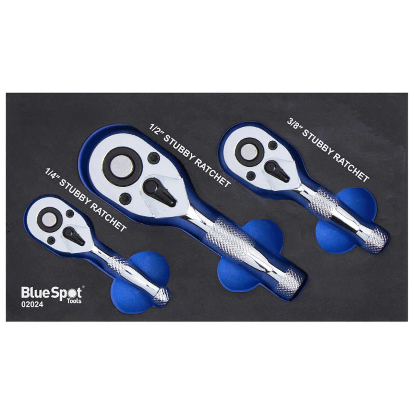 BlueSpot 3pc Stubby Ratchet Handle Set 1/4" 3/8" 1/2" Short Socket Wrenches