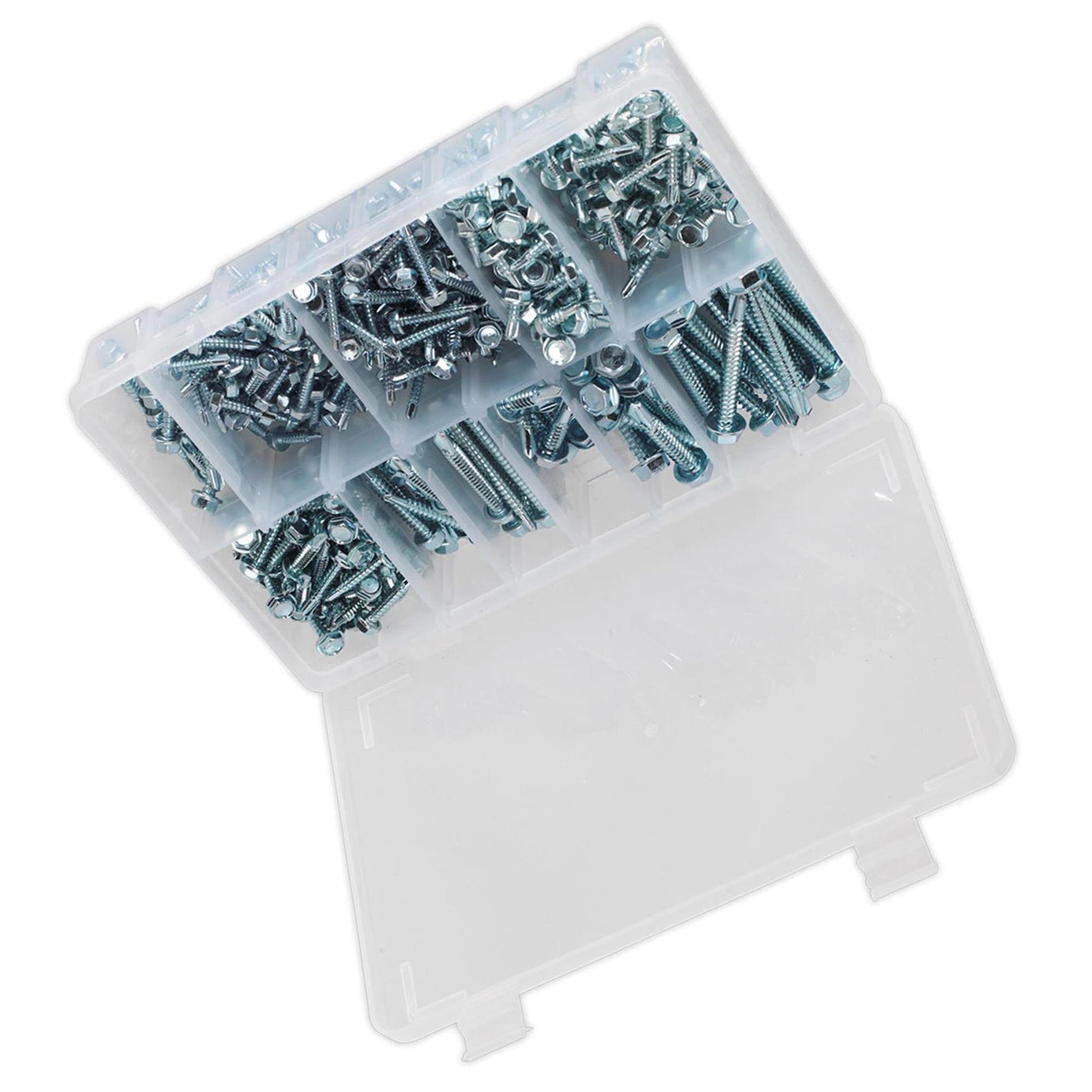 Sealey Self Drilling Screw Assortment 410pc Hex Head ZincSealey 410pcs Zinc Plated Steel Self Drilling Screw Assortment Set Hex Head