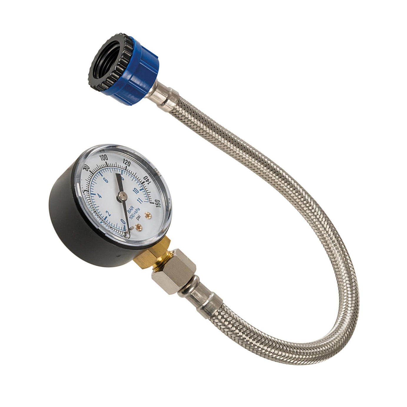 Mains Water Pressure Test Gauge 0-11bar (0-160psi) With Stainless Steel Hose
