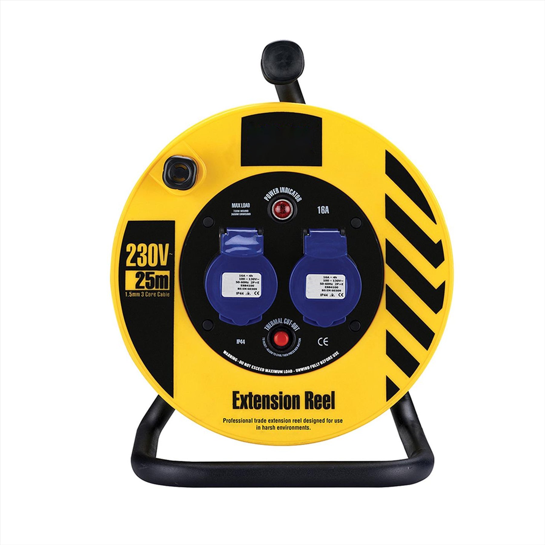 Defender Light Industrial Reel 2-Way 25m 230V 16A Steel A-frame