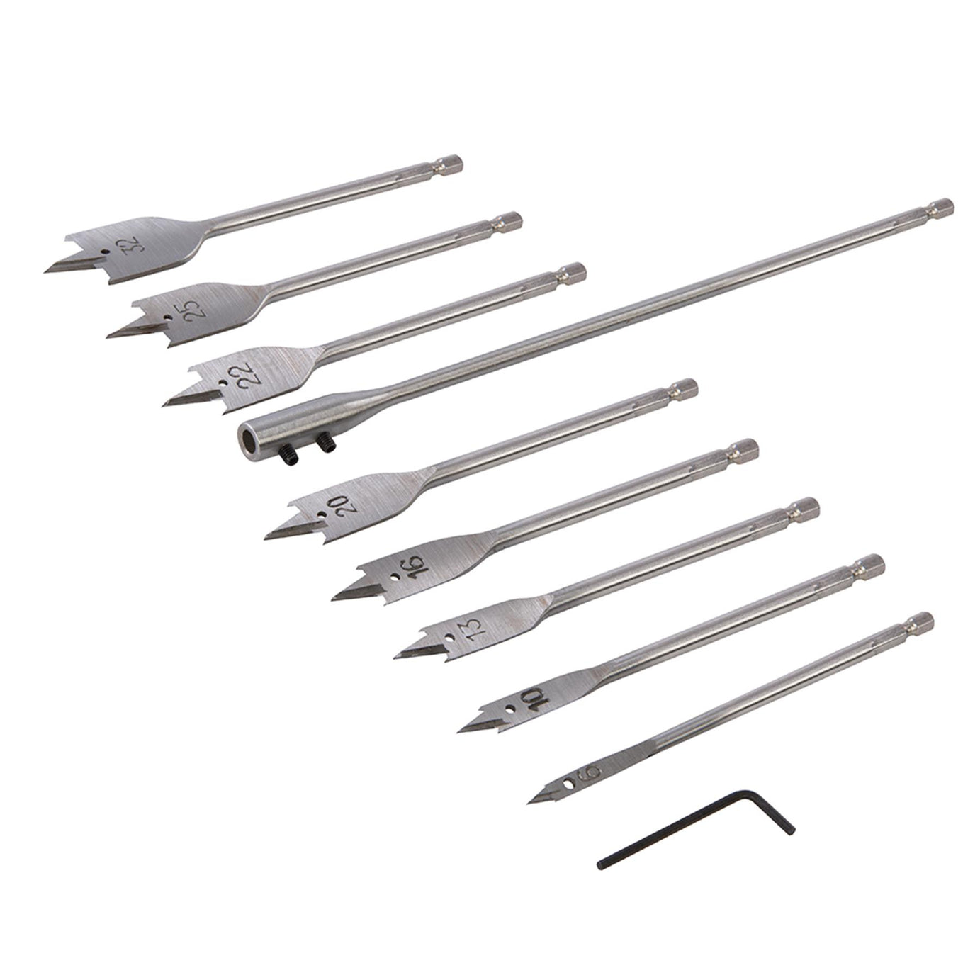 10Pce Flat Bit & Extension Arm Set 6 - 32mm Hardened High Carbon Steel