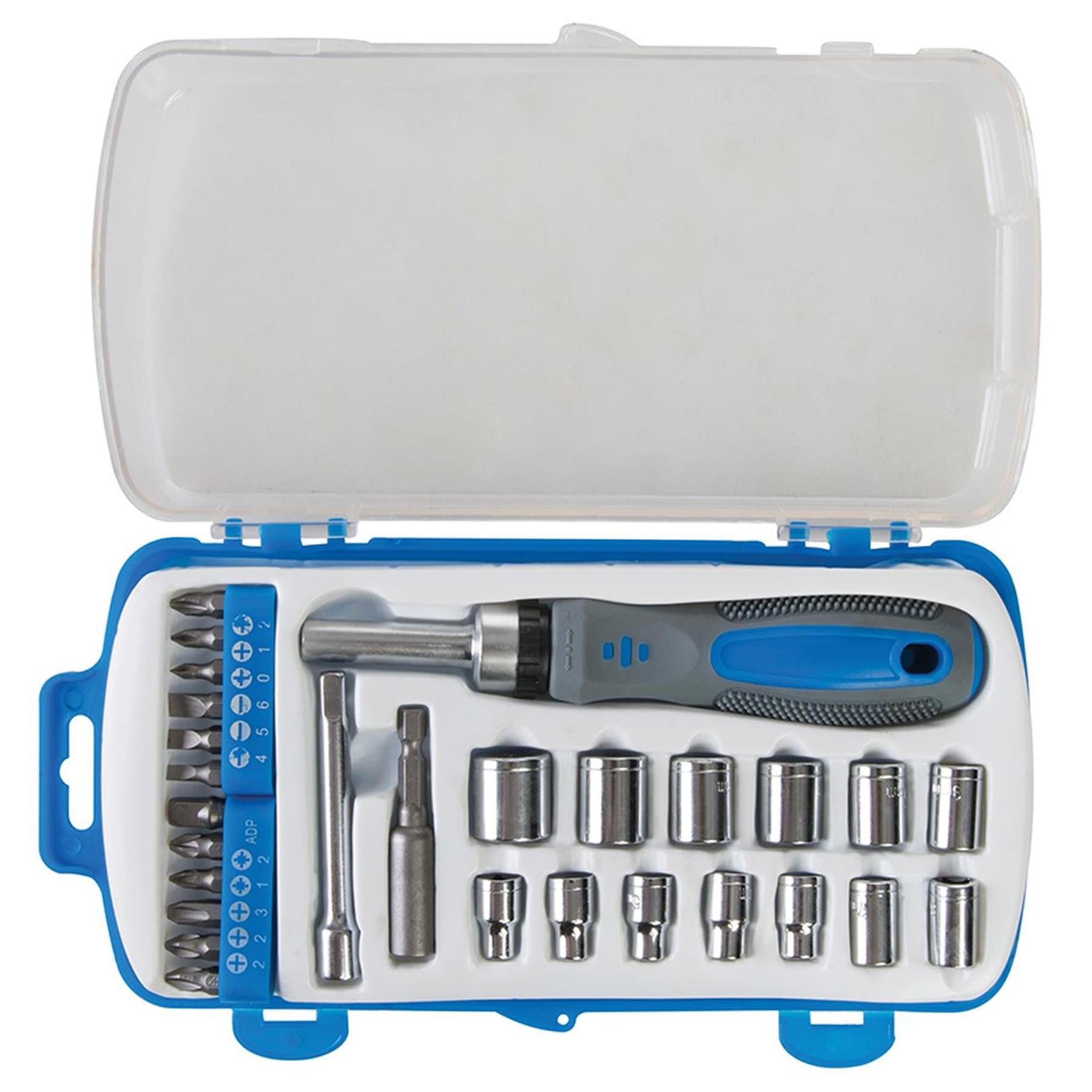 Socket & Driver Set 28Pc Chrome Vanadium Steel Ratchet Driver & Sockets Bits