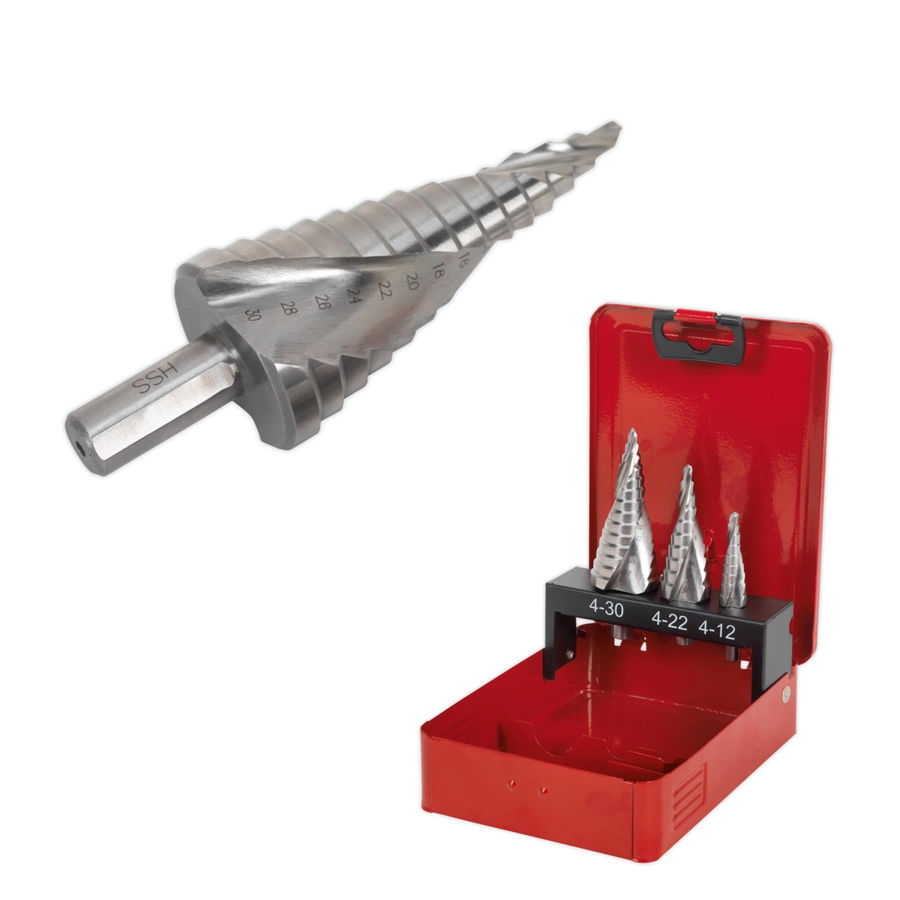 Sealey 3pc Spiral Step Drill Bit Set HSS M2 Spiral Flute Ø4-30mm Hole Cutter