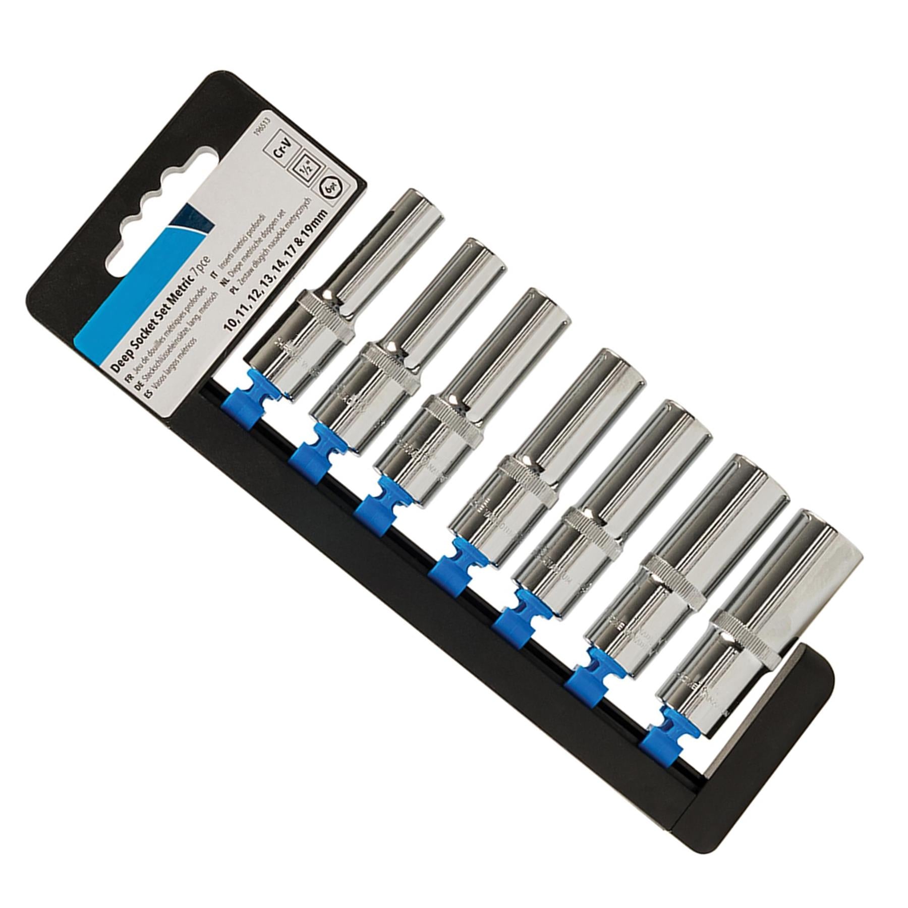7 Pce 1/2" Deep Drive Metric Socket Set 10mm - 19mm Chrome Vanadium Heavy Duty