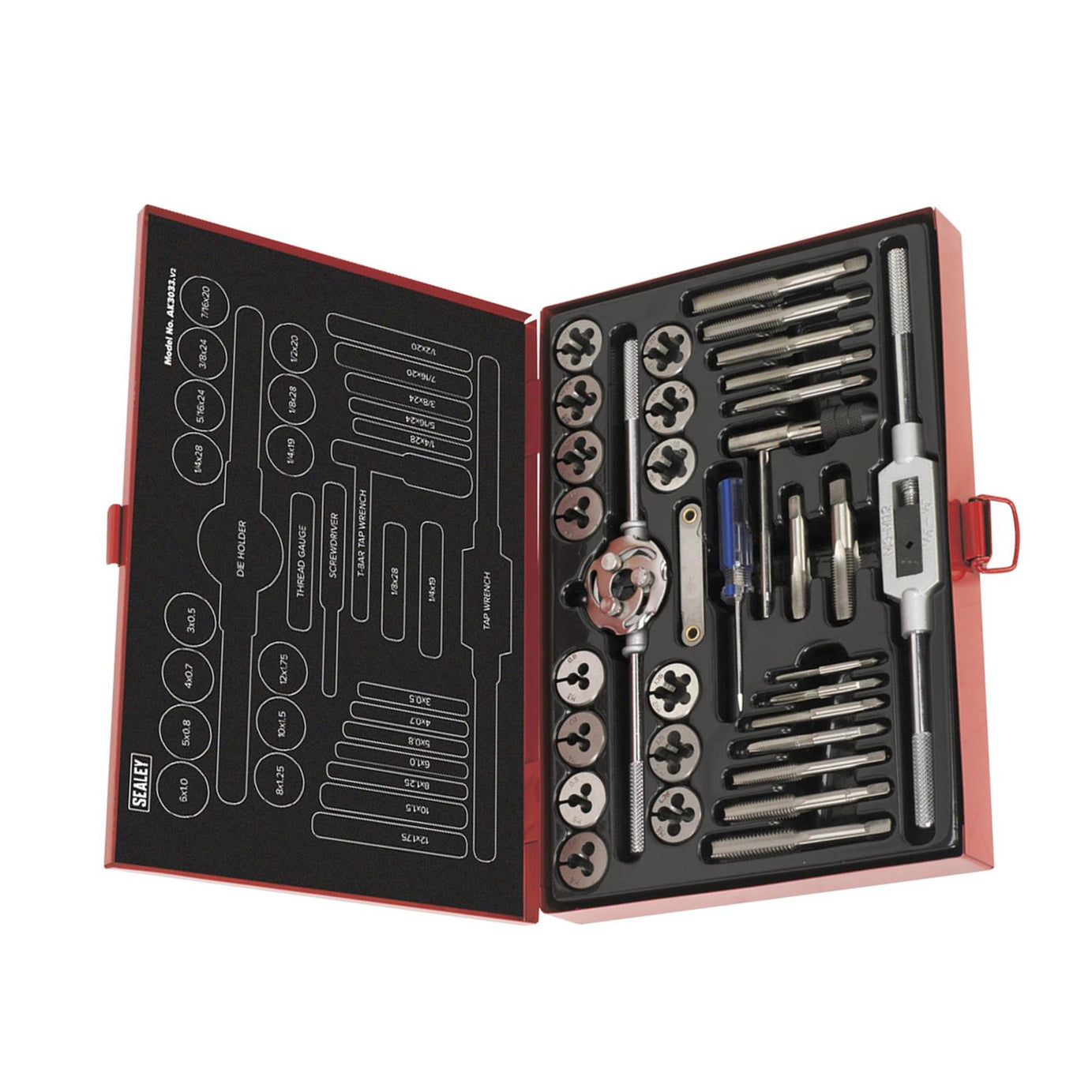 Sealey 33pc Tap and Die Set Split Dies Metric/UNF/BSP Thread Cutting Tool M3-M12