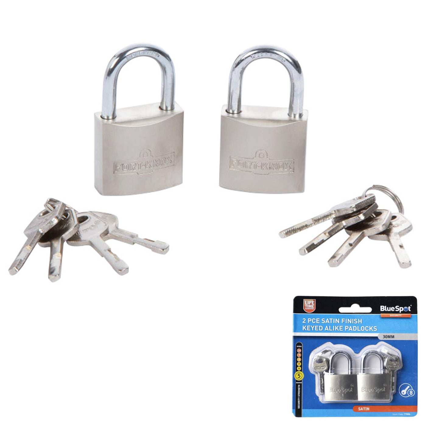 Bluespot 2pce 30mm Keyed Alike Padlocks Same Keys Satin Finish Lifetime Warranty