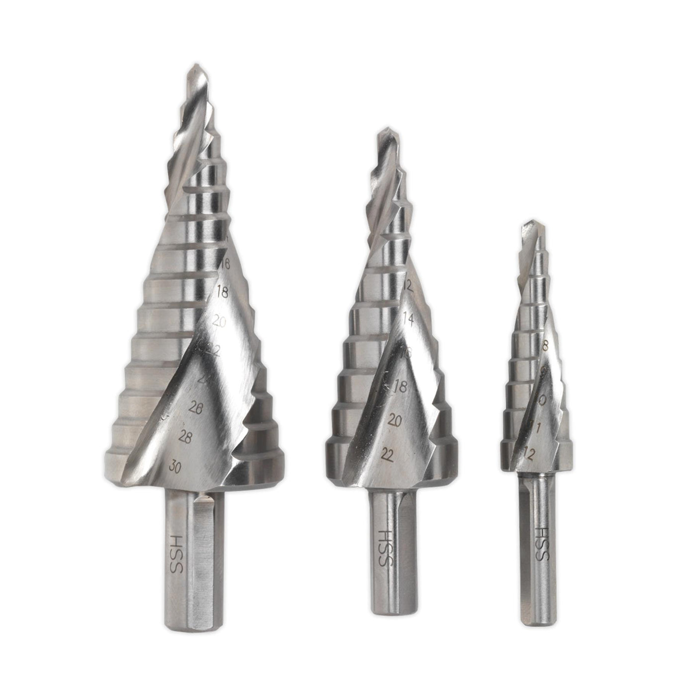 Sealey 3pc Spiral Step Drill Bit Set HSS 4341 Double Hole Cutter 4-30mm AK4748