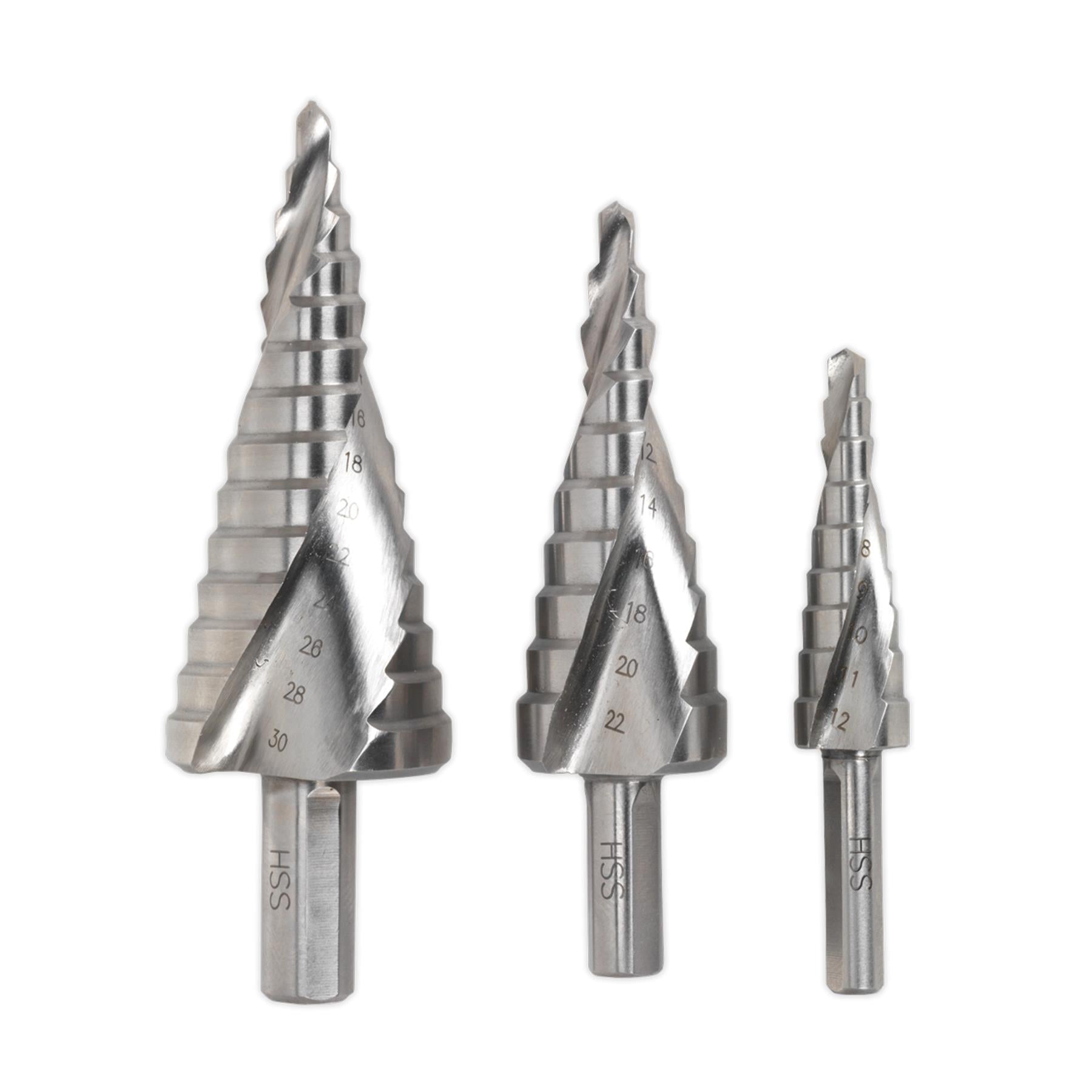 Sealey 3pc Spiral Step Drill Bit Set HSS 4341 Double Hole Cutter 4-30mm AK4748