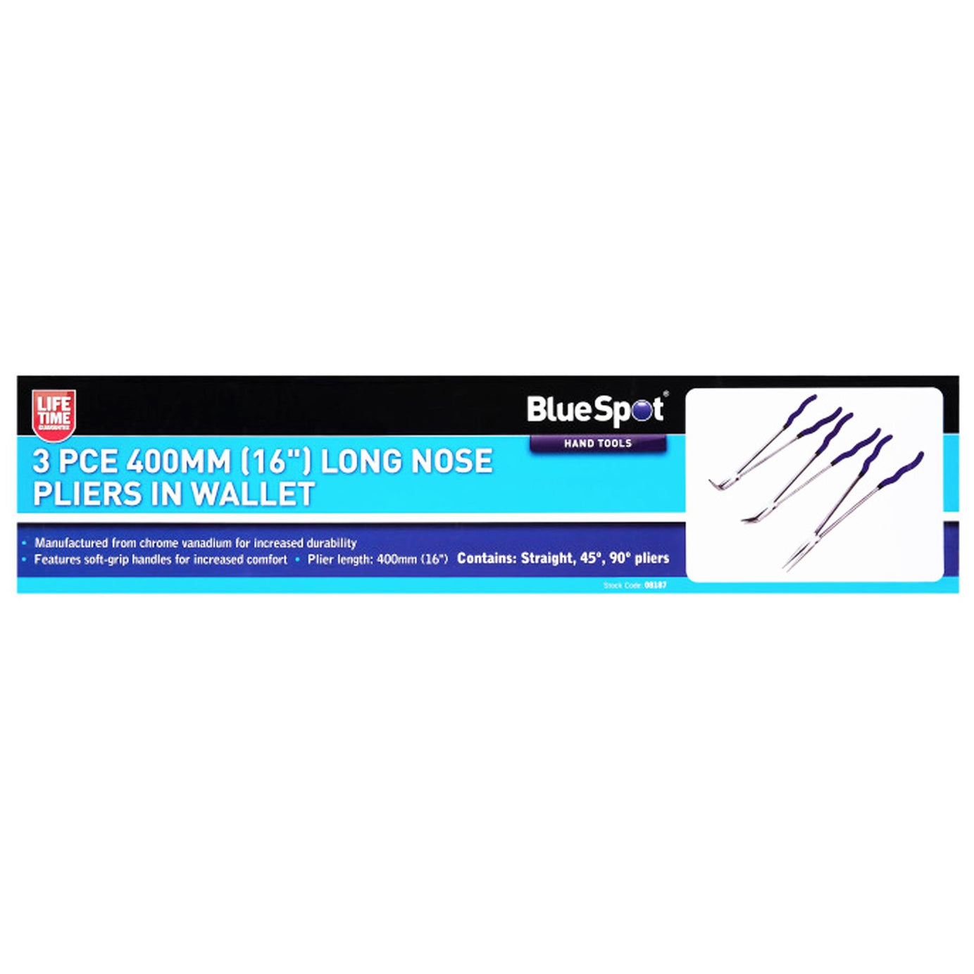 BlueSpot 3pc 16" Extra Long Nose Pliers Set 400mm Straight Bent Angled