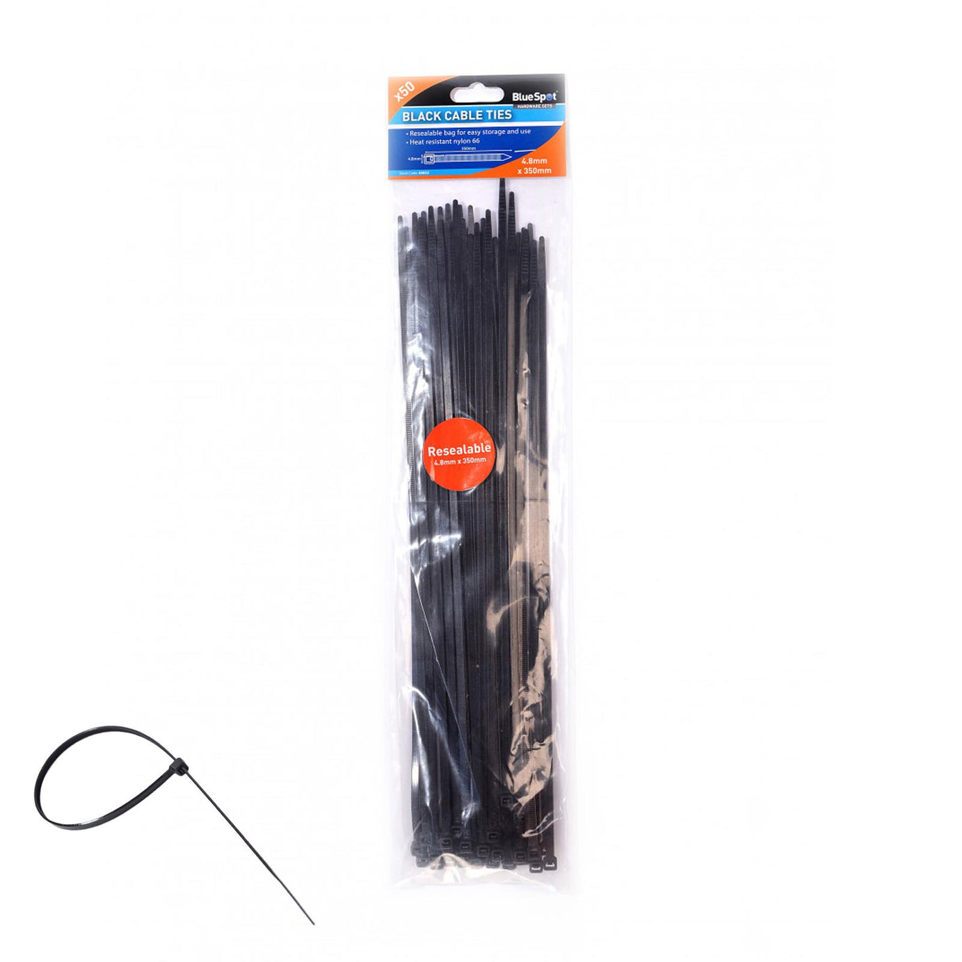 BlueSpot Cable Ties Black Releasable SelfLocking Ties 50Pce 4.8mm x 350mm