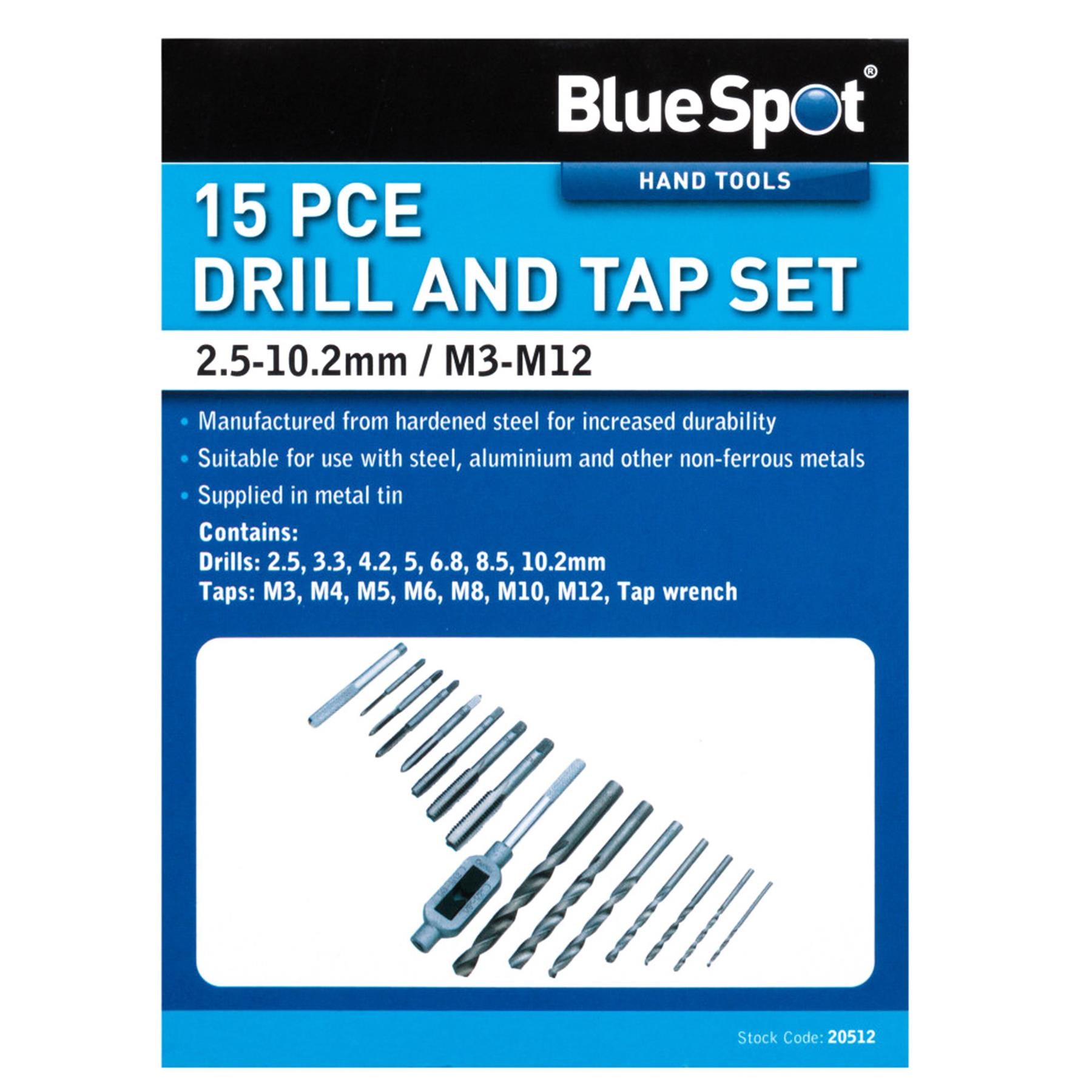 BlueSpot 15Pc Tap and Drill Bit Set Metric M3 - M12 Drills Thread Cutter