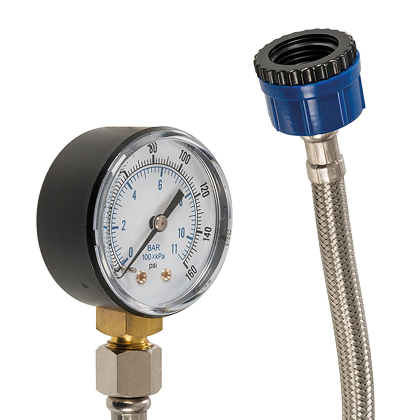 Mains Water Pressure Test Gauge 0-11bar (0-160psi) With Stainless Steel Hose