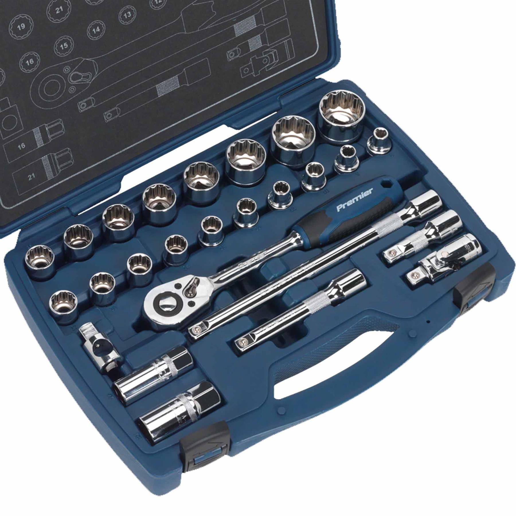 Sealey Socket Set 26pc 1/2"Sq Drive 6pt WallDrive Metric