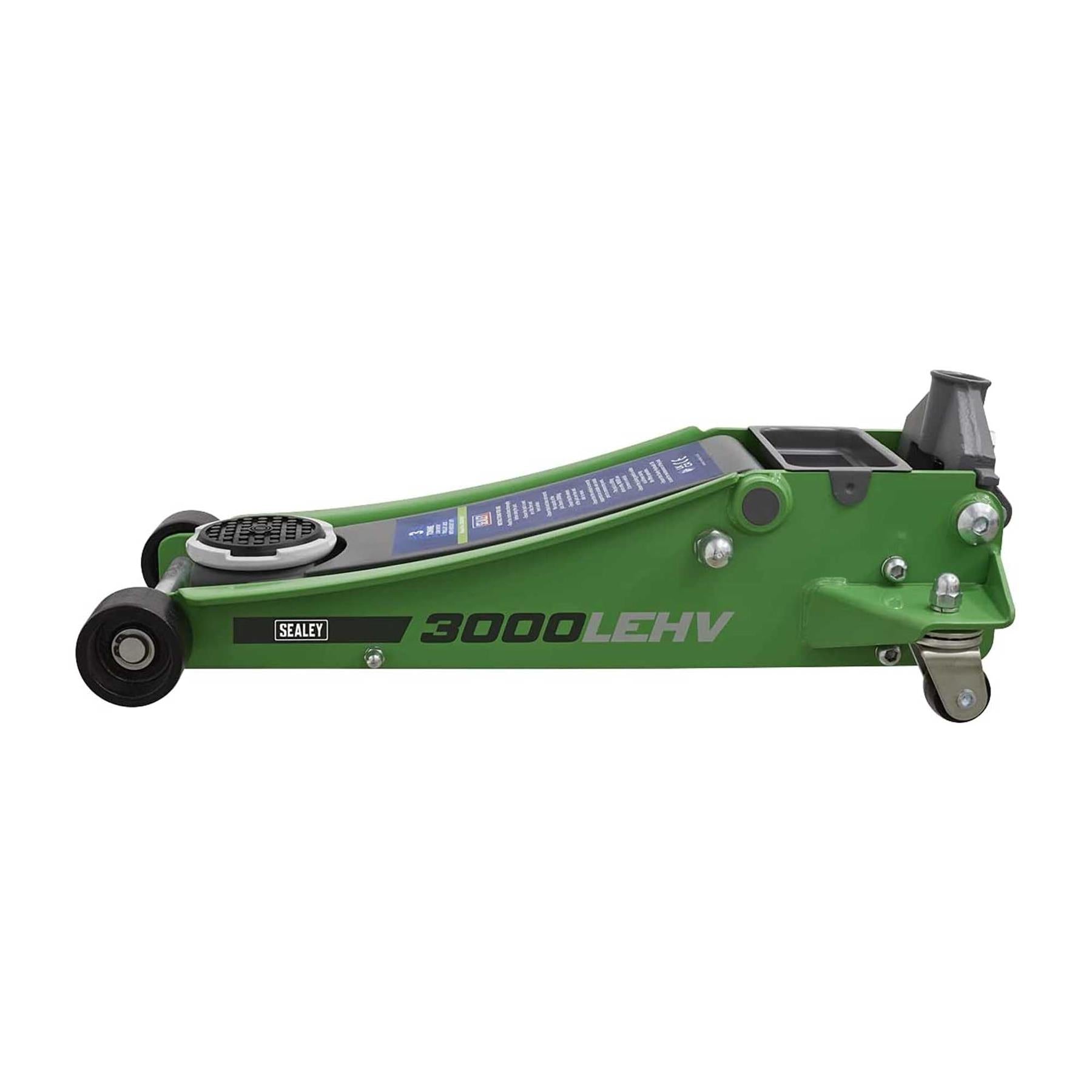 Sealey Trolley Jack 3 Tonne Low Profile Rocket Lift Hi-Vis Green