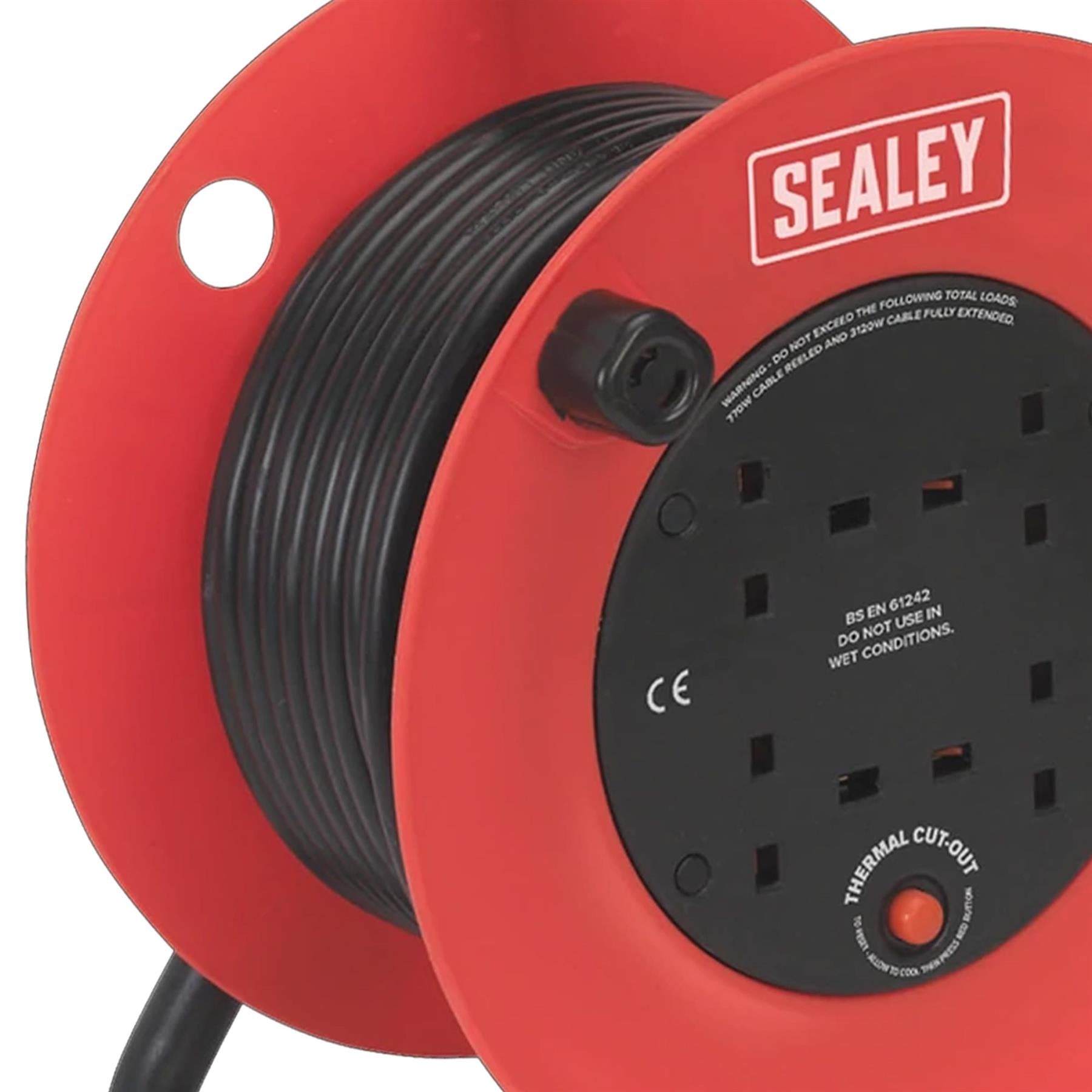 Sealey 4 Way Gang Socket Extension Heavy Duty 25m Cable Reel Electrical Lead