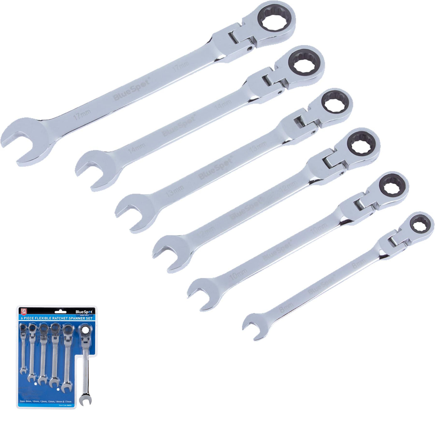 BlueSpot 6 Piece Ratchet Spanner Set Flexible Head Combination 8-17mm Open End Ring