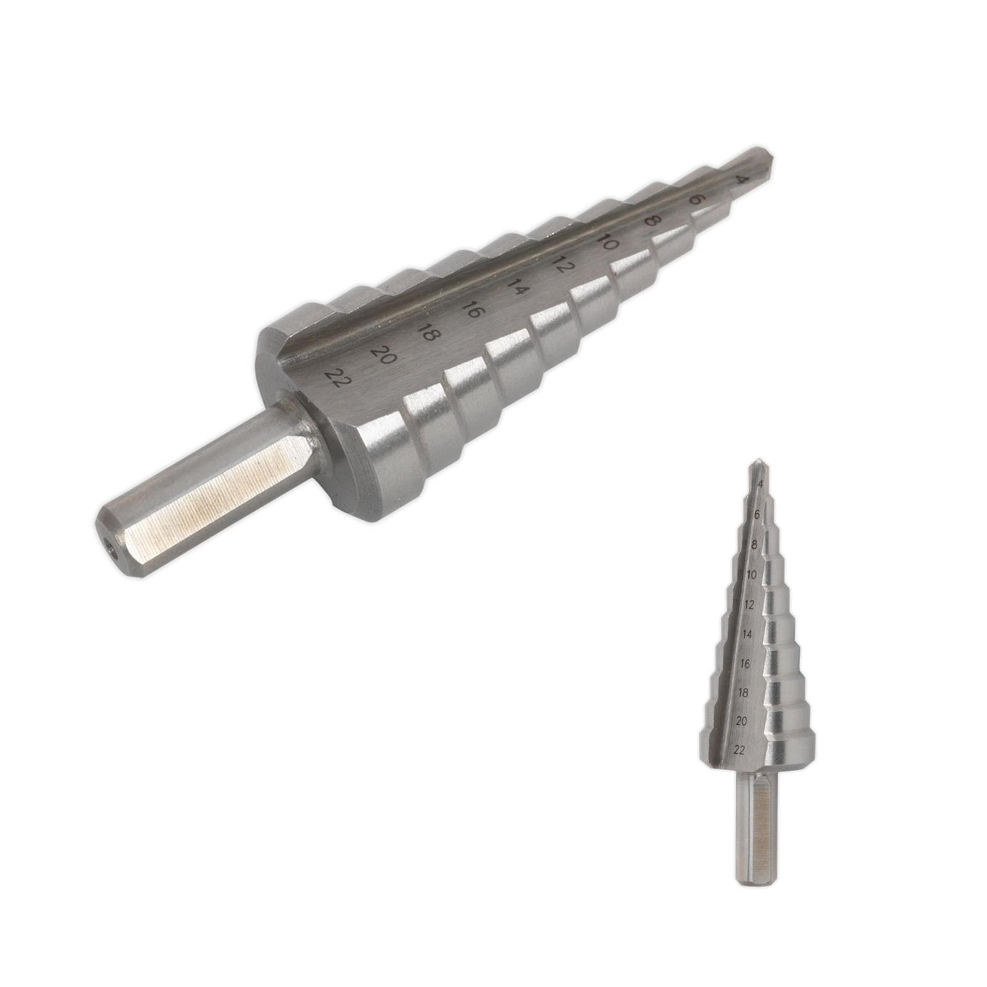 Sealey M2 Step Drill Bit HSS Cone Drill 4-22mm Double Flute Hole Metal Cutter