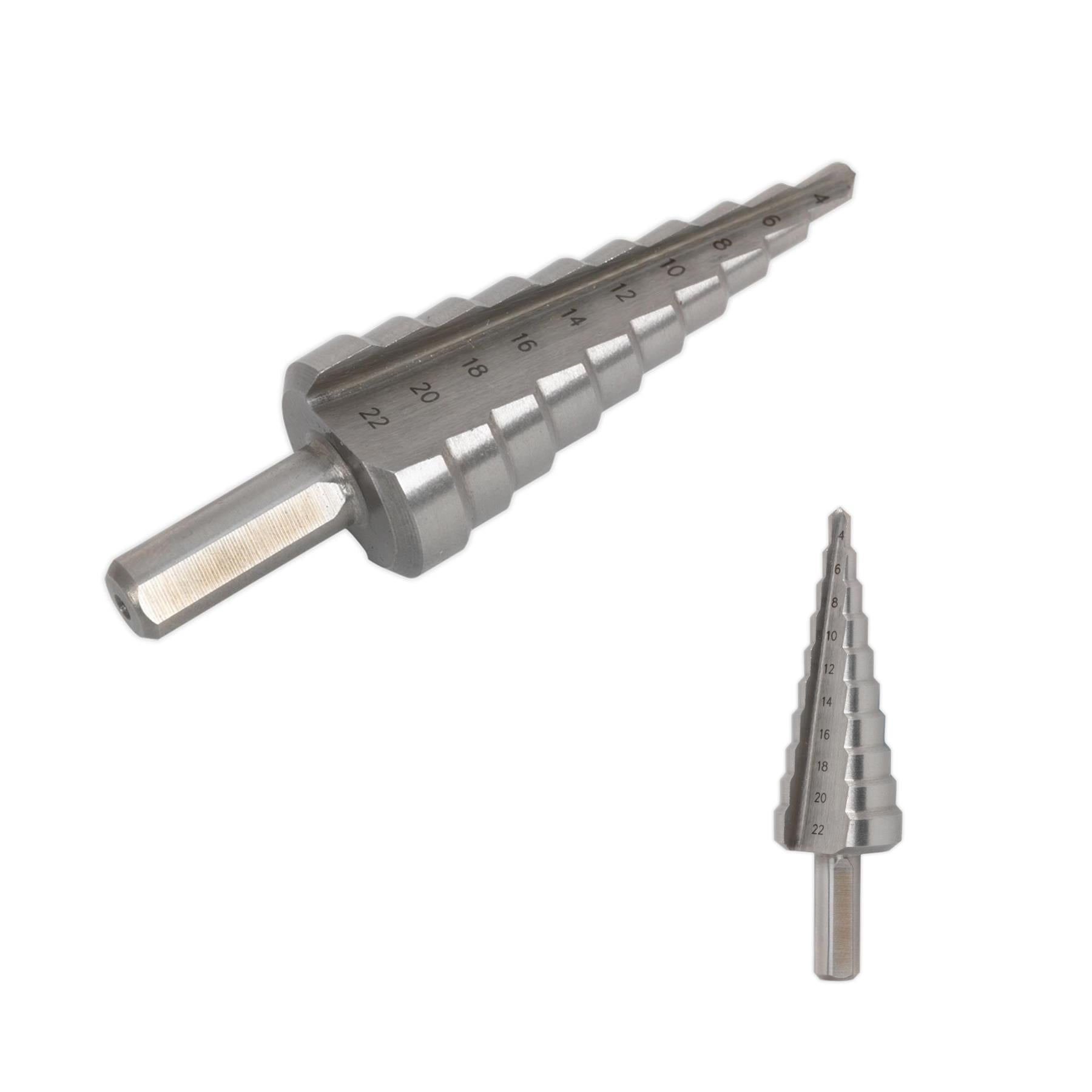 Sealey M2 Step Drill Bit HSS Cone Drill 4-22mm Double Flute Hole Metal Cutter