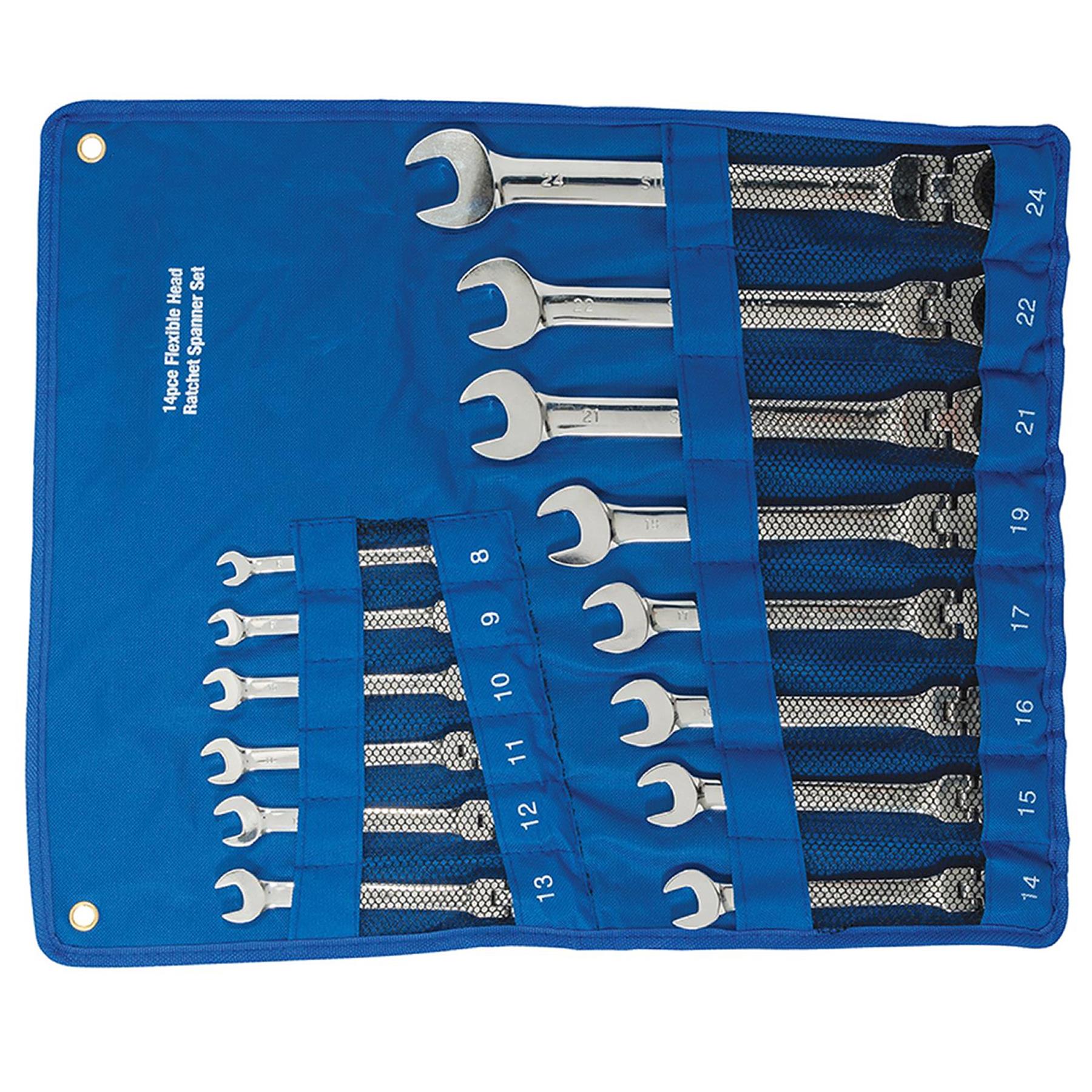 14Pce Flexible Head Ratchet Spanner Set 8mm - 24mm Polished 40Cr Alloy Steel