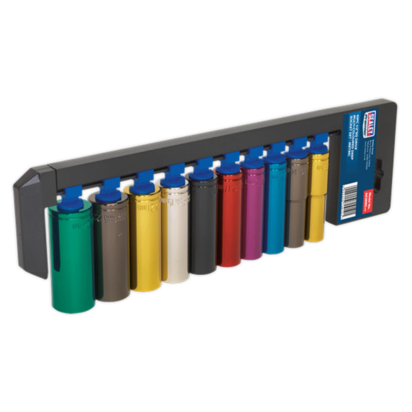 Sealey 10pc Multi Coloured Deep Socket Set 13-24mm 6pt Set 1/2" Sq Drive Metric