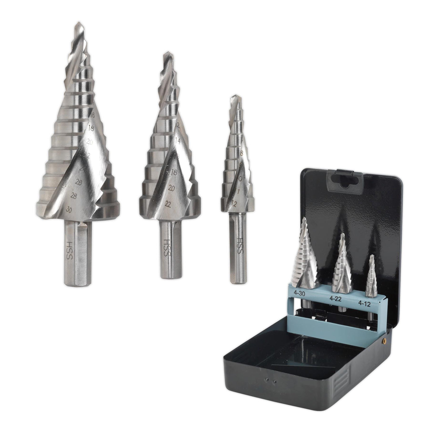 Sealey 3pc Spiral Step Drill Bit Set HSS 4341 Double Hole Cutter 4-30mm AK4748